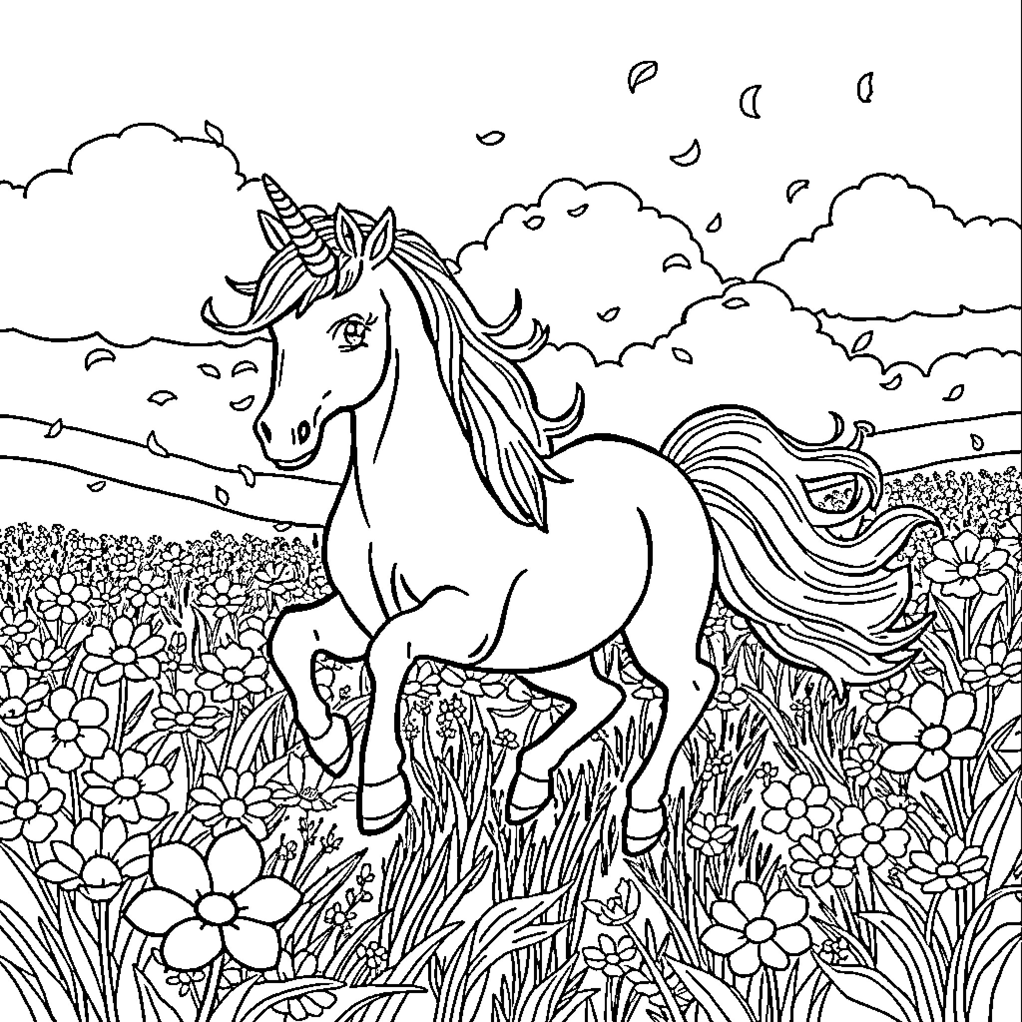Unicorn prancing happily through a flowery meadow Coloring Page (free black-and-white line drawing printable PDF for all, from beginners to advanced learners, including children, teens, adults, and seniors)