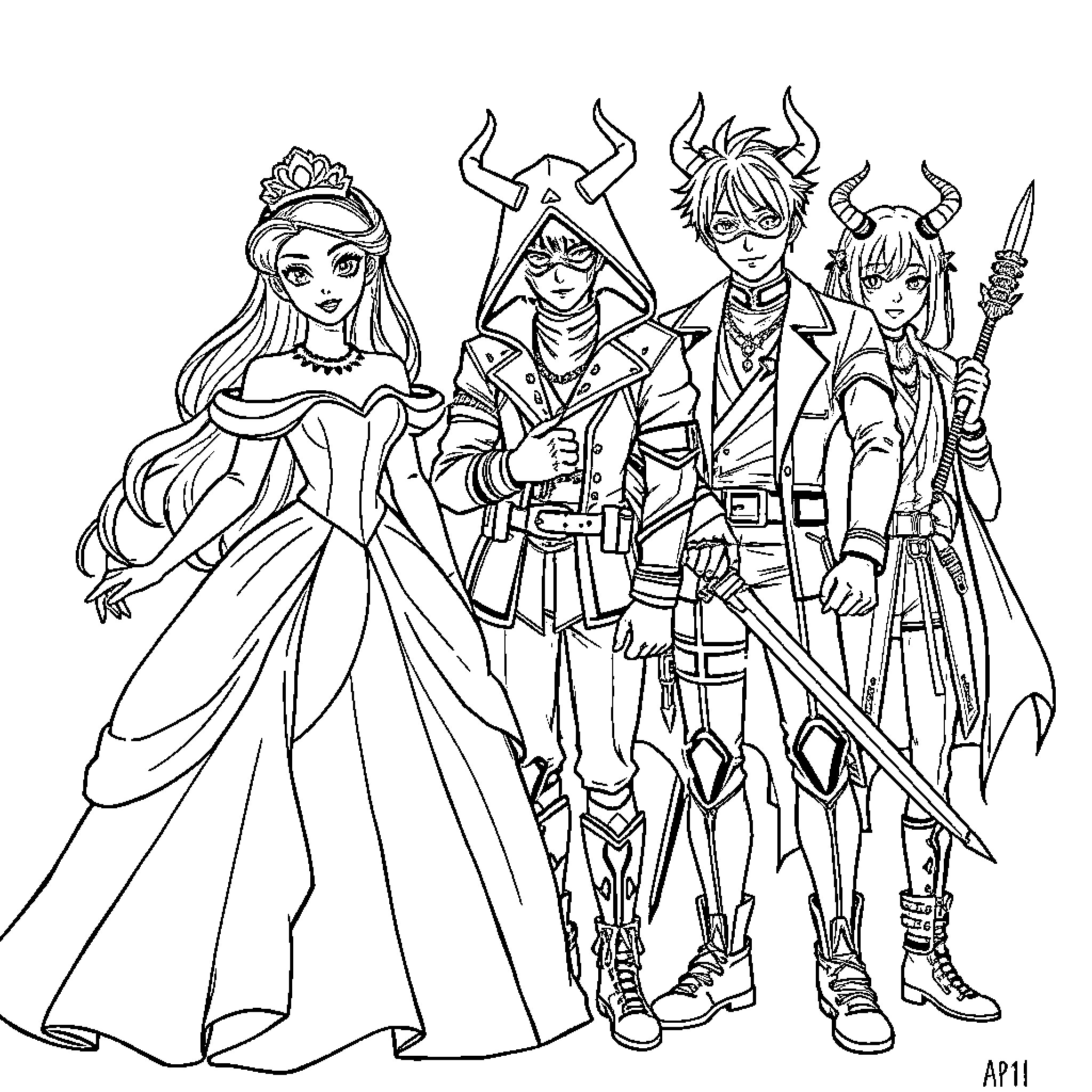 Disney Princess fantasy adventure with magical companions Coloring Page (free black-and-white line drawing printable PDF for all, from beginners to advanced learners, including children, teens, adults, and seniors)