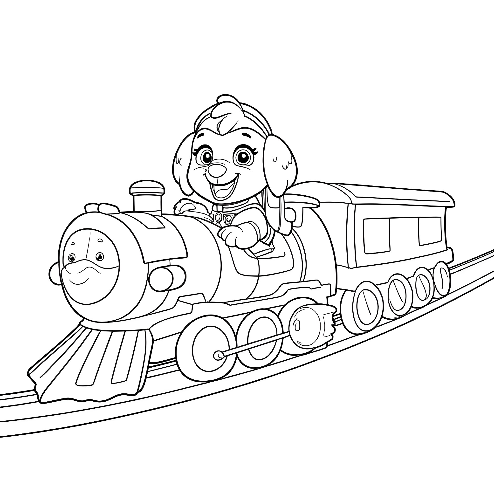 Paw Patrol characters riding a train Coloring Page (free black-and-white line drawing printable PDF for all, from beginners to advanced learners, including children, teens, adults, and seniors)