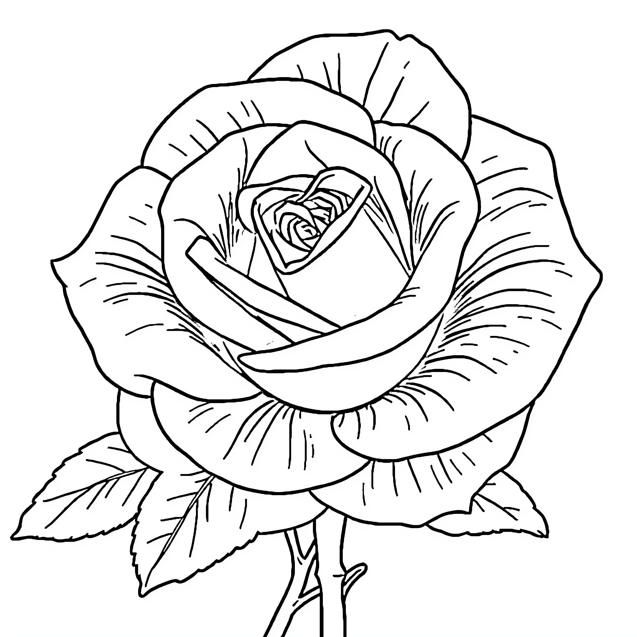 Rose blooming with elegant petals Coloring Page (free black-and-white line drawing printable PDF for all, from beginners to advanced learners, including children, teens, adults, and seniors)