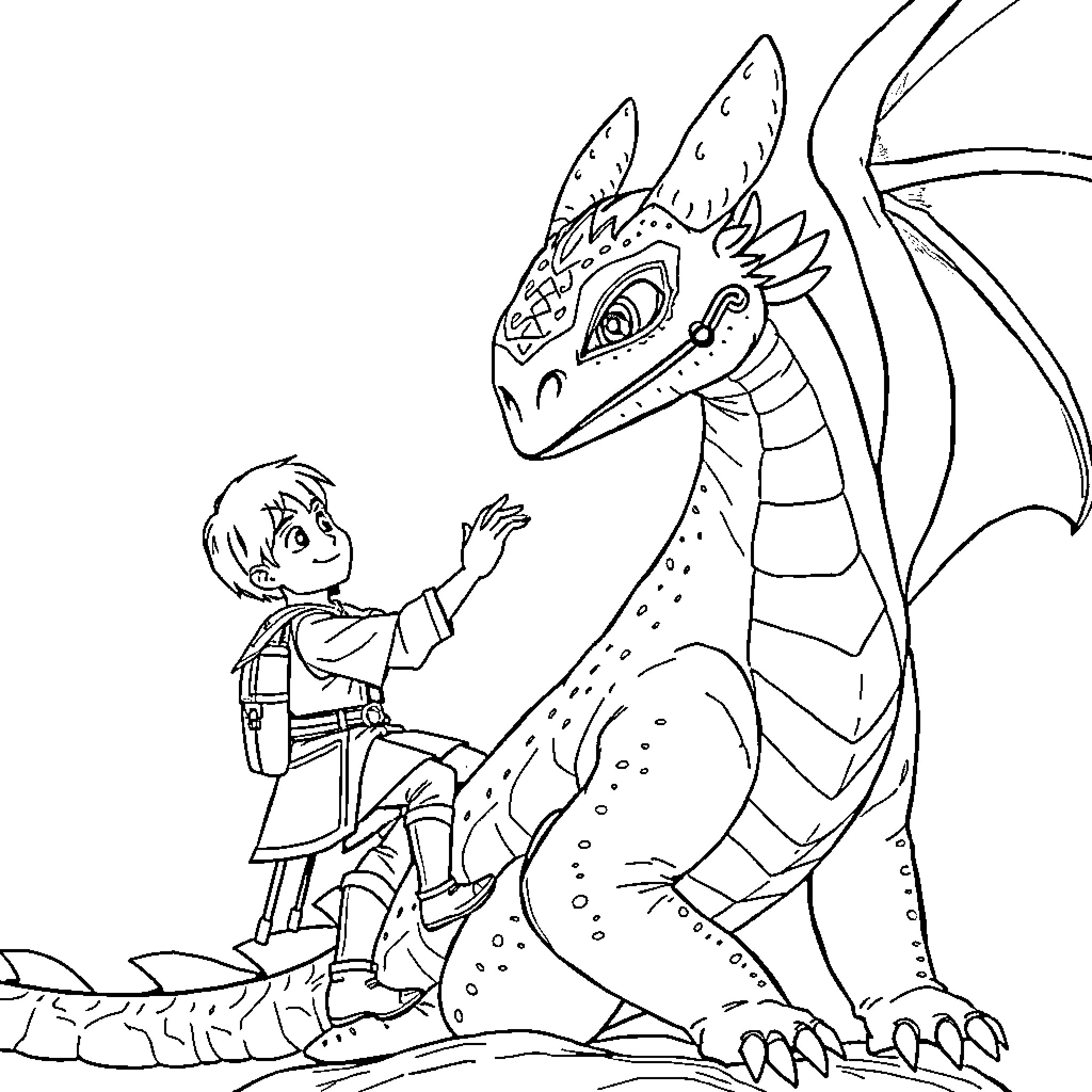 Dragon and Adventurer Interacting Curiously Coloring Page (free black-and-white line drawing printable PDF for all, from beginners to advanced learners, including children, teens, adults, and seniors)