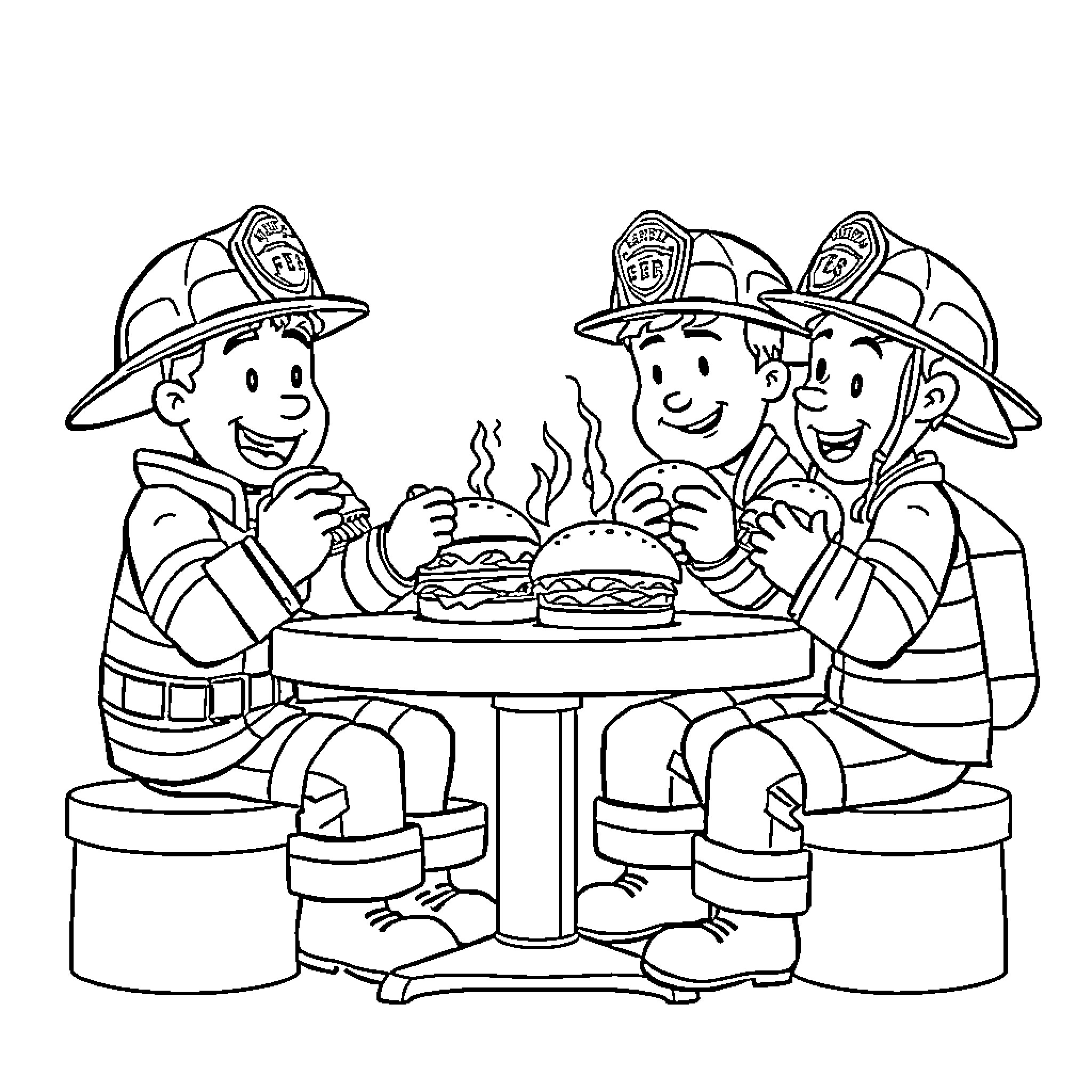 Fire Fighters Enjoying a Hearty Meal Coloring Page (free black-and-white line drawing printable PDF for all, from beginners to advanced learners, including children, teens, adults, and seniors)