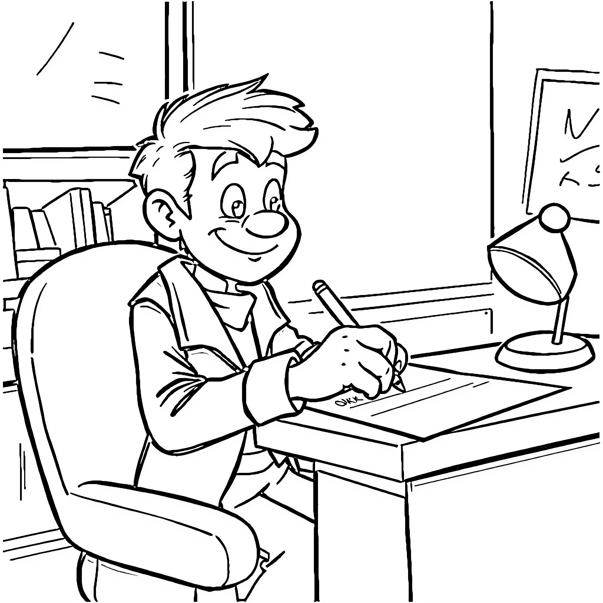 Character diligently working at desk with books and lamp Coloring Page (free black-and-white line drawing printable PDF for all, from beginners to advanced learners, including children, teens, adults, and seniors)