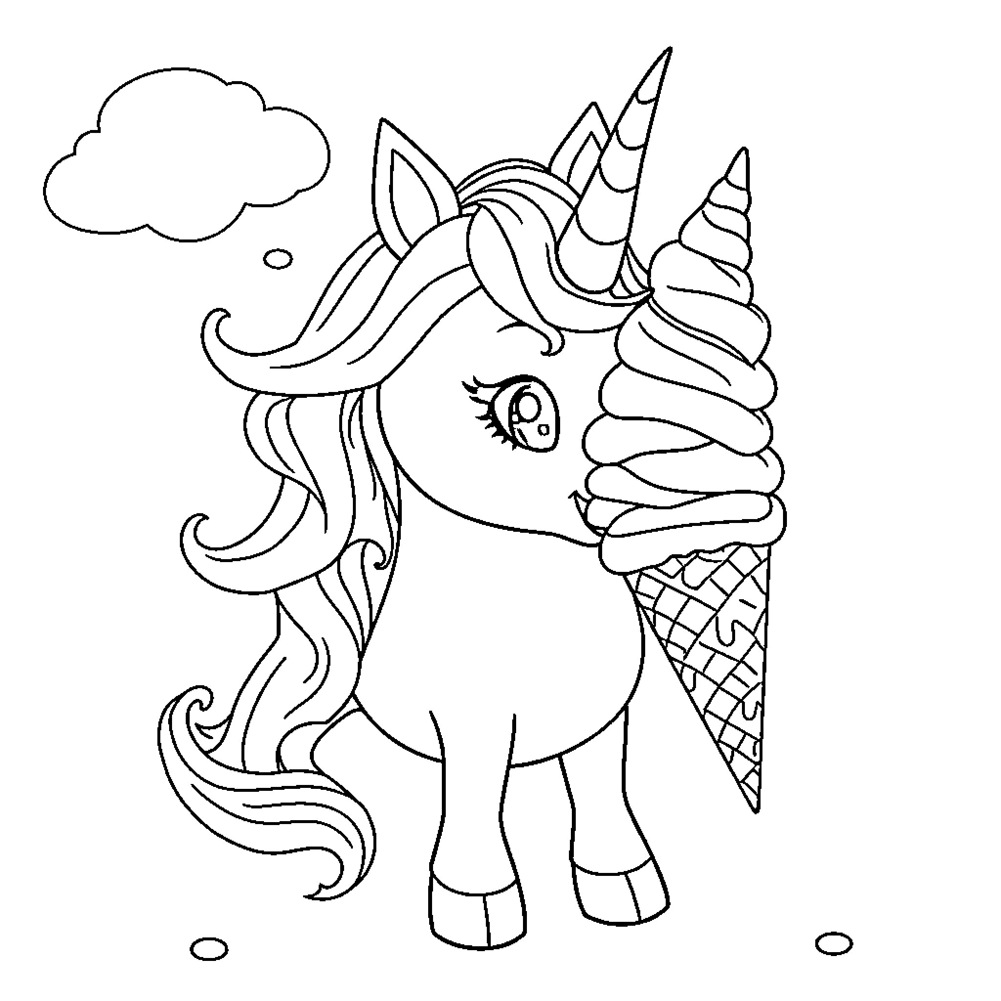 Unicorn with Ice Cream Cone and Fluffy Cloud Coloring Page (free black-and-white line drawing printable PDF for all, from beginners to advanced learners, including children, teens, adults, and seniors)