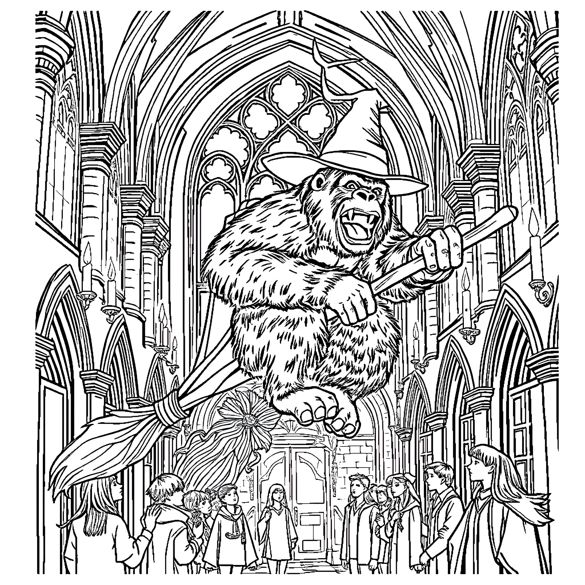 Gorilla Roaring in an Ornate Cathedral Coloring Page (free black-and-white line drawing printable PDF for all, from beginners to advanced learners, including children, teens, adults, and seniors)