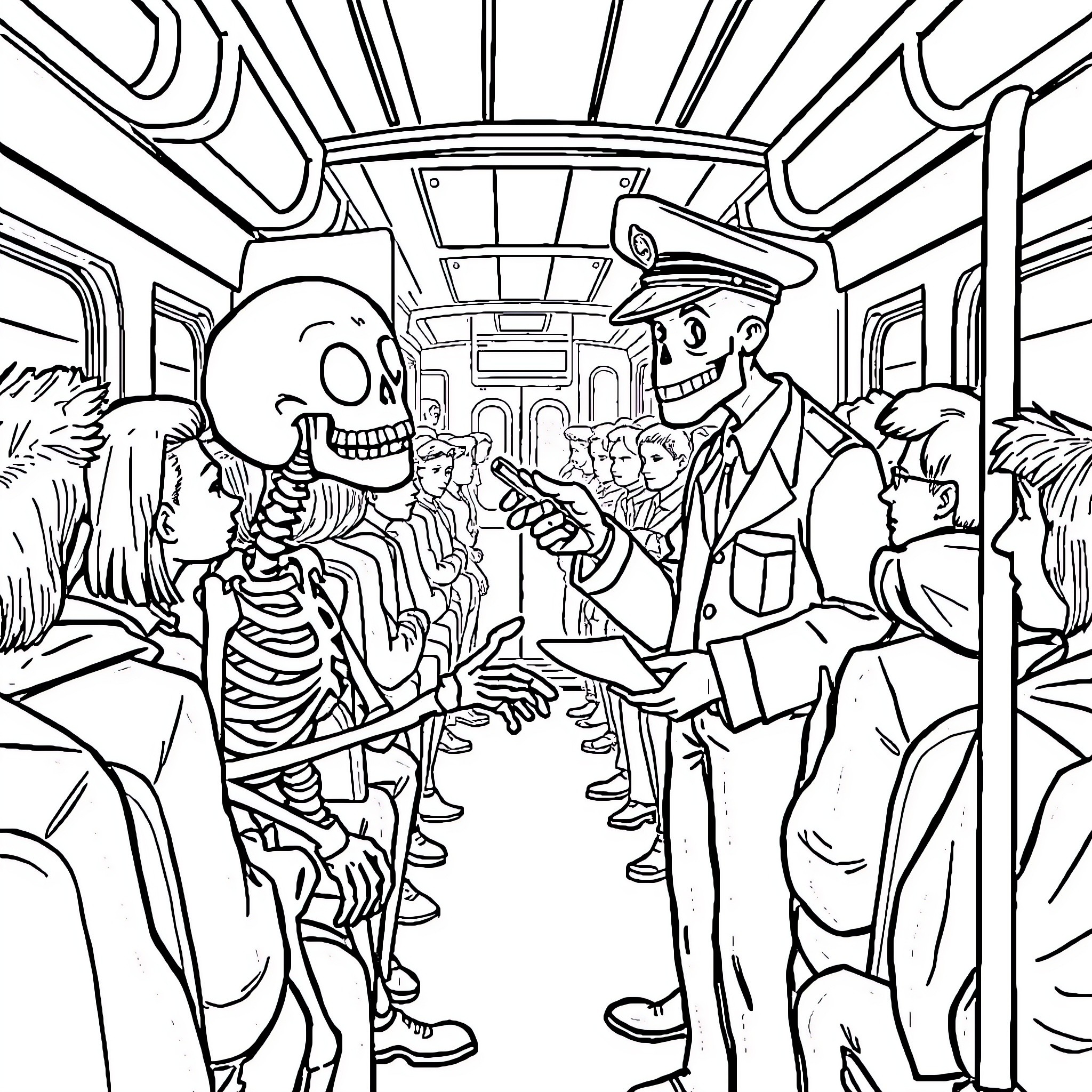 Skeleton passengers riding public transportation Coloring Page (free black-and-white line drawing printable PDF for all, from beginners to advanced learners, including children, teens, adults, and seniors)