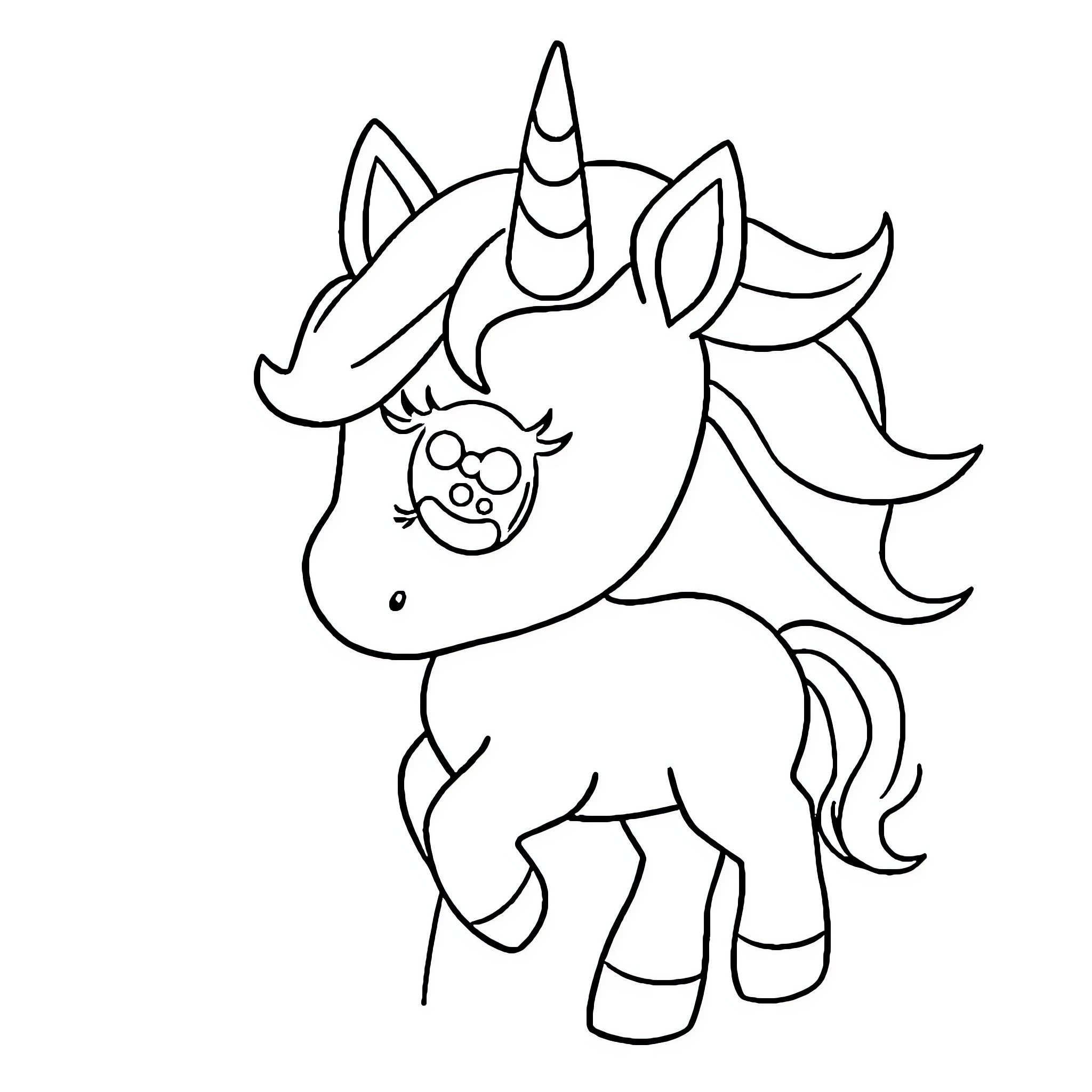 Unicorn with heart-shaped eyes standing playfully Coloring Page (free black-and-white line drawing printable PDF for all, from beginners to advanced learners, including children, teens, adults, and seniors)