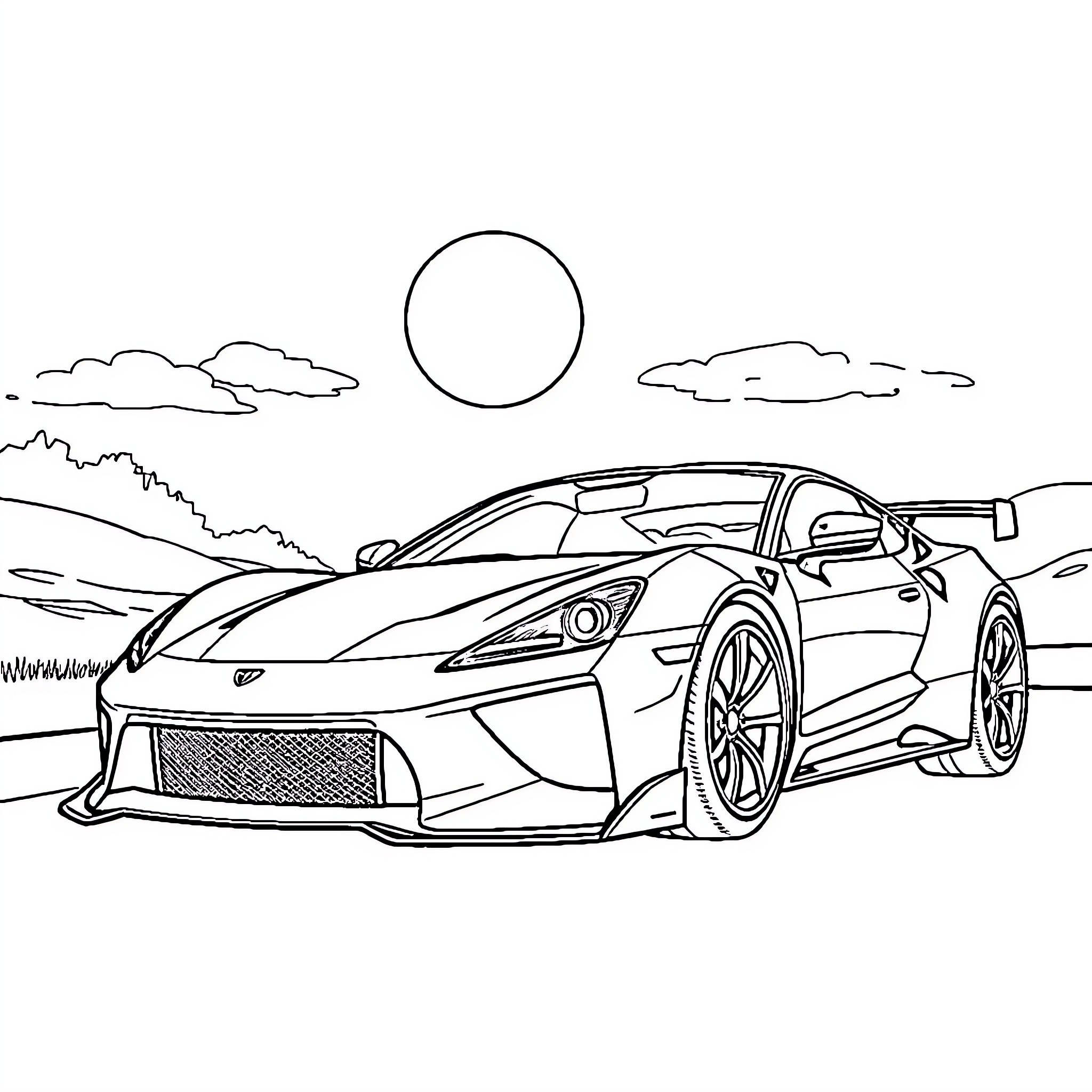 Koshi's Supercar on a Scenic Road Coloring Page (free black-and-white line drawing printable PDF for all, from beginners to advanced learners, including children, teens, adults, and seniors)