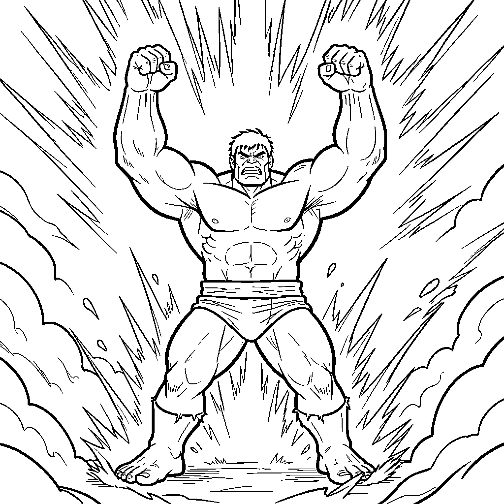 Hulk roaring loudly with raised fists Coloring Page (free black-and-white line drawing printable PDF for all, from beginners to advanced learners, including children, teens, adults, and seniors)
