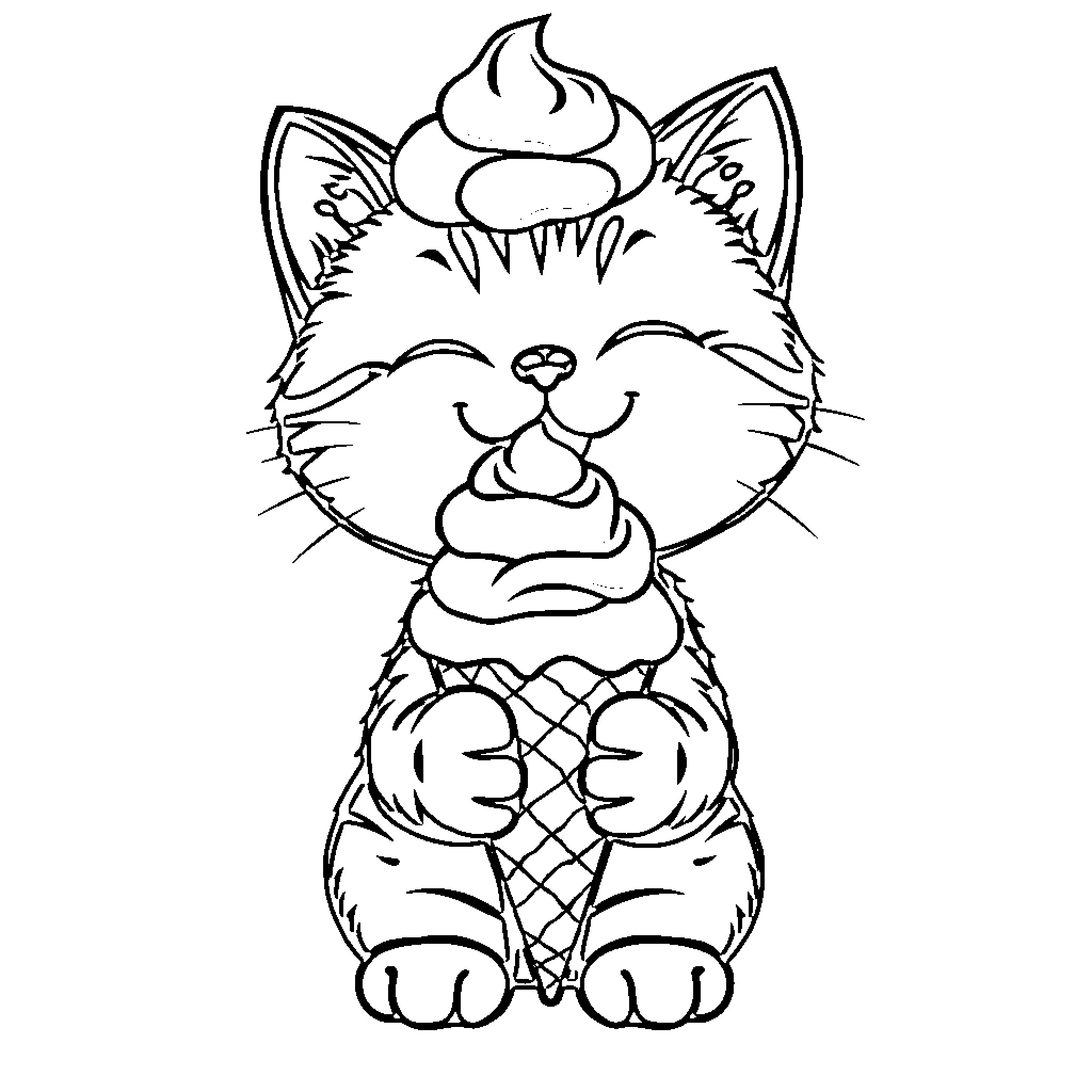 Cat enjoying an ice cream cone Coloring Page (free black-and-white line drawing printable PDF for all, from beginners to advanced learners, including children, teens, adults, and seniors)