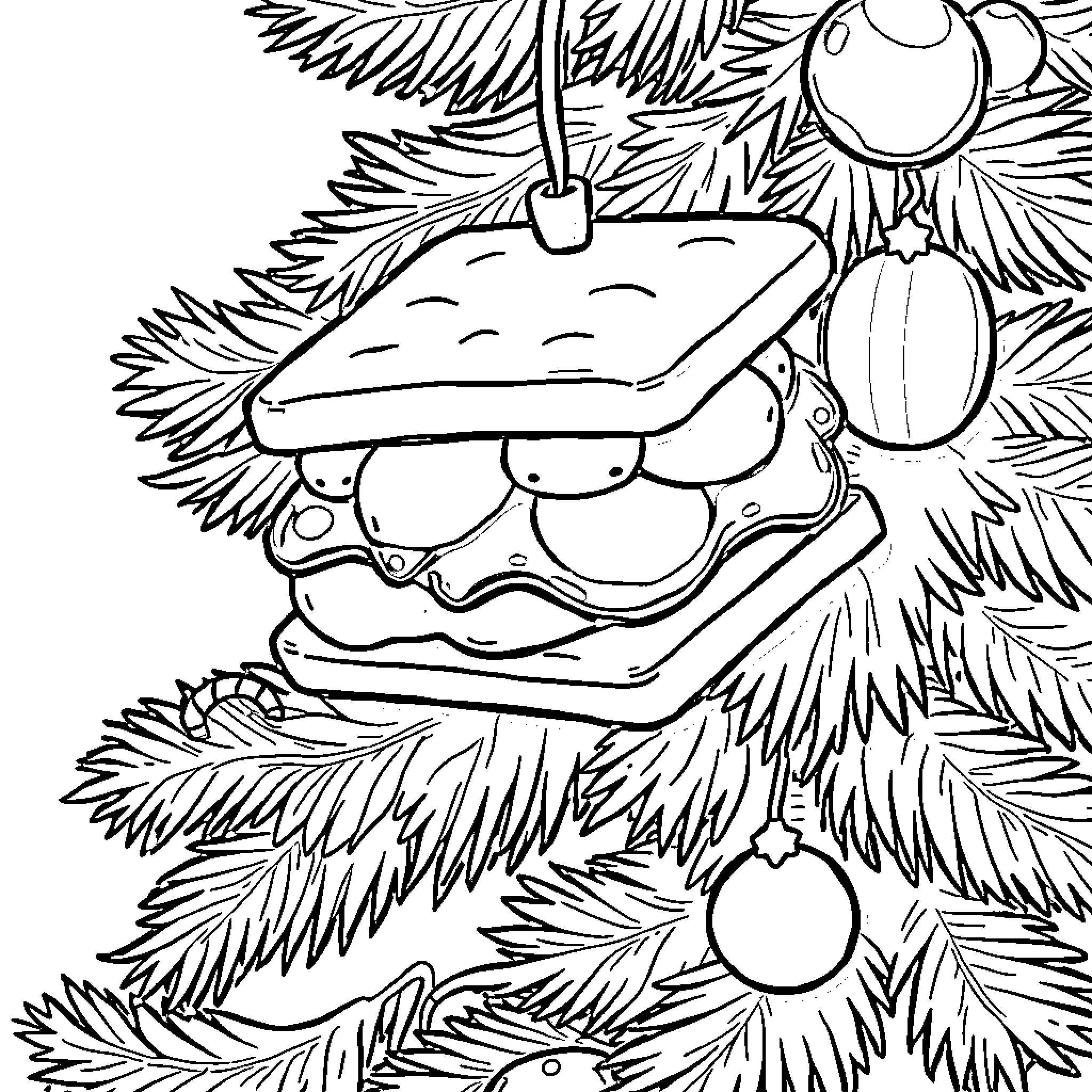 S'mores ornament in festive tree Coloring Page (free black-and-white line drawing printable PDF for all, from beginners to advanced learners, including children, teens, adults, and seniors)