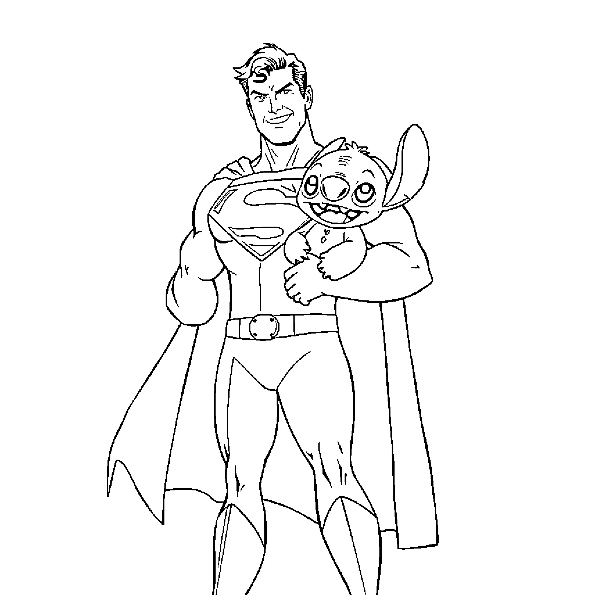 Superman Embraces Friendly Alien Creature Coloring Page (free black-and-white line drawing printable PDF for all, from beginners to advanced learners, including children, teens, adults, and seniors)