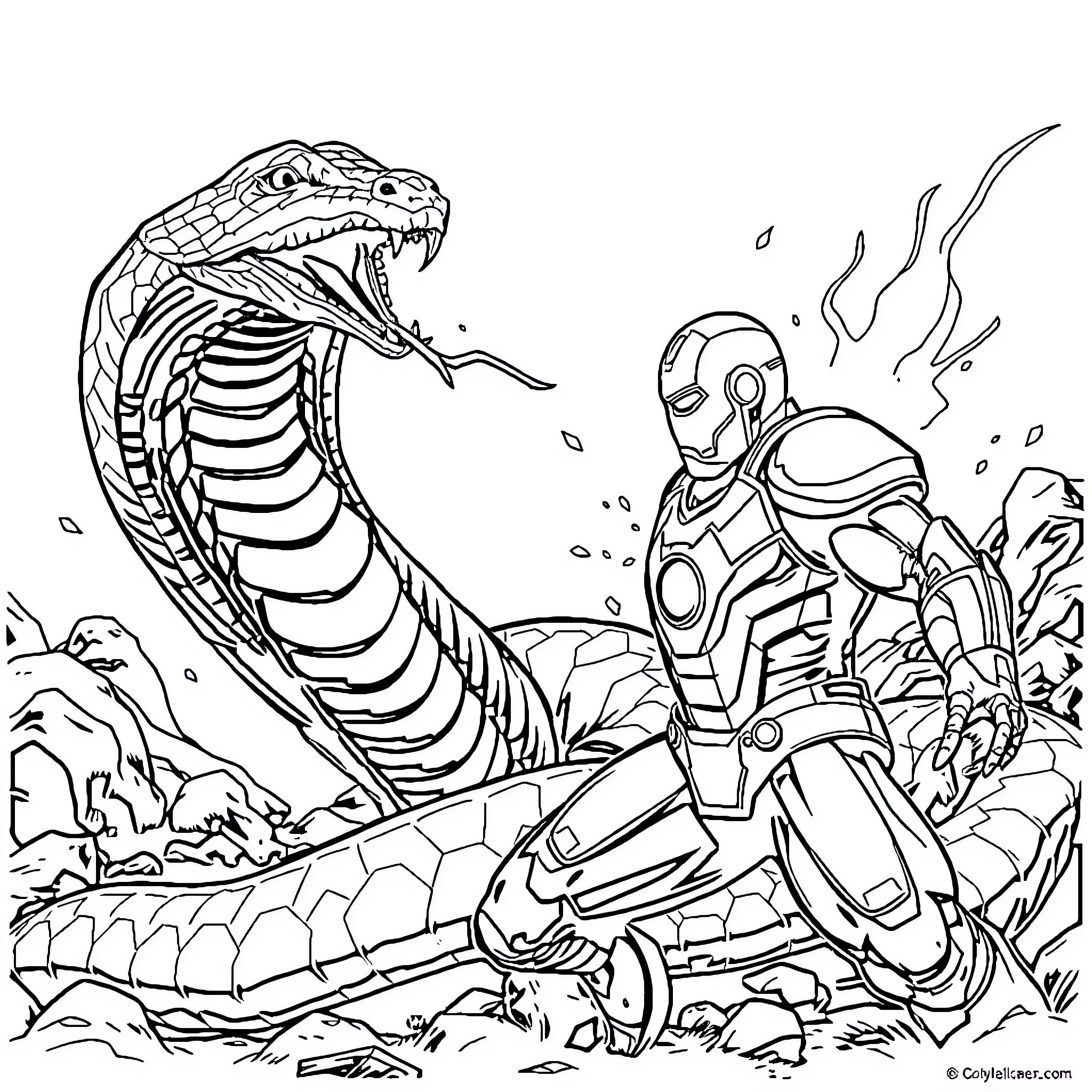 Cobra commander confronts armored warrior in the wild Coloring Page (free black-and-white line drawing printable PDF for all, from beginners to advanced learners, including children, teens, adults, and seniors)