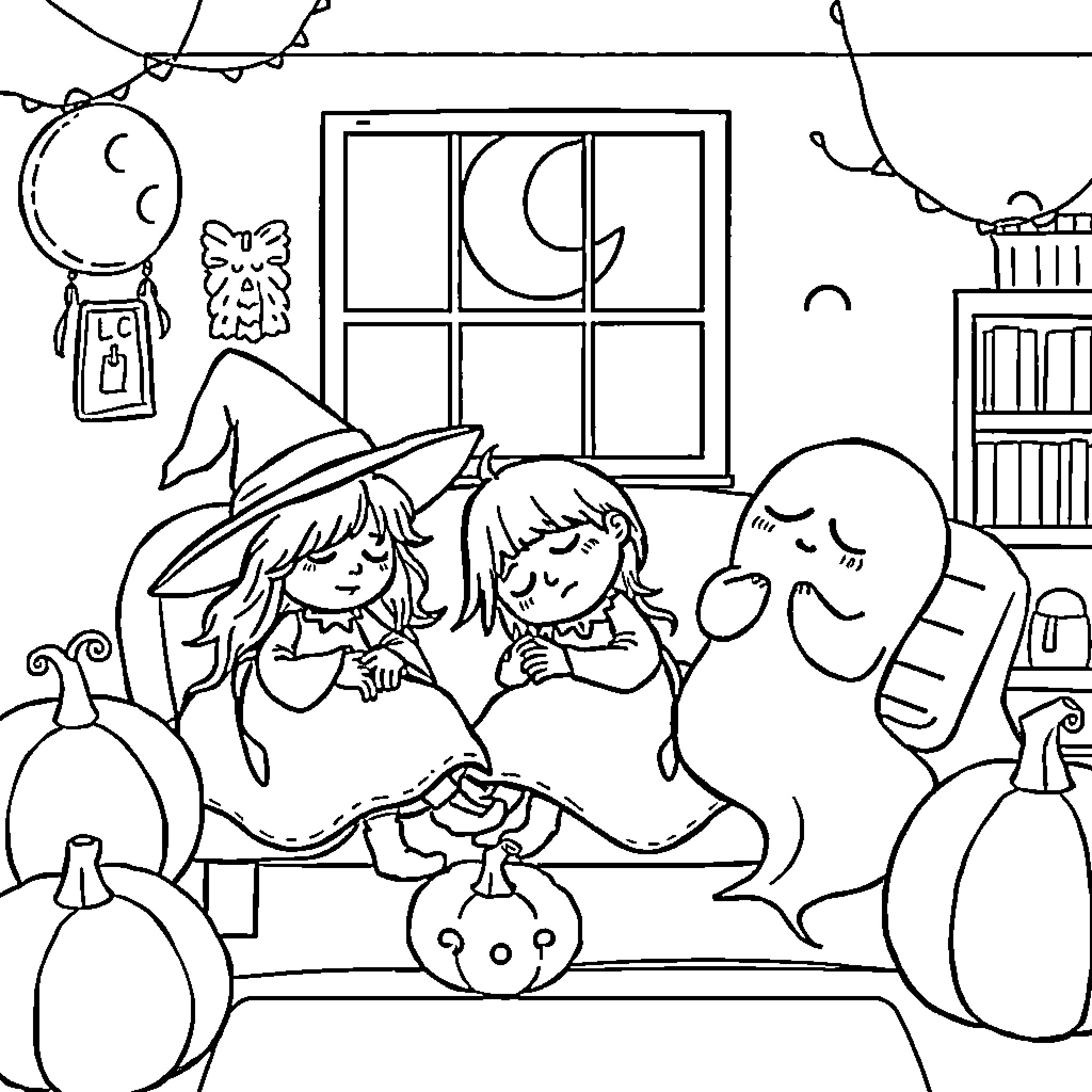 Halloween Character Celebrating Spooky Night Together Coloring Page (free black-and-white line drawing printable PDF for all, from beginners to advanced learners, including children, teens, adults, and seniors)