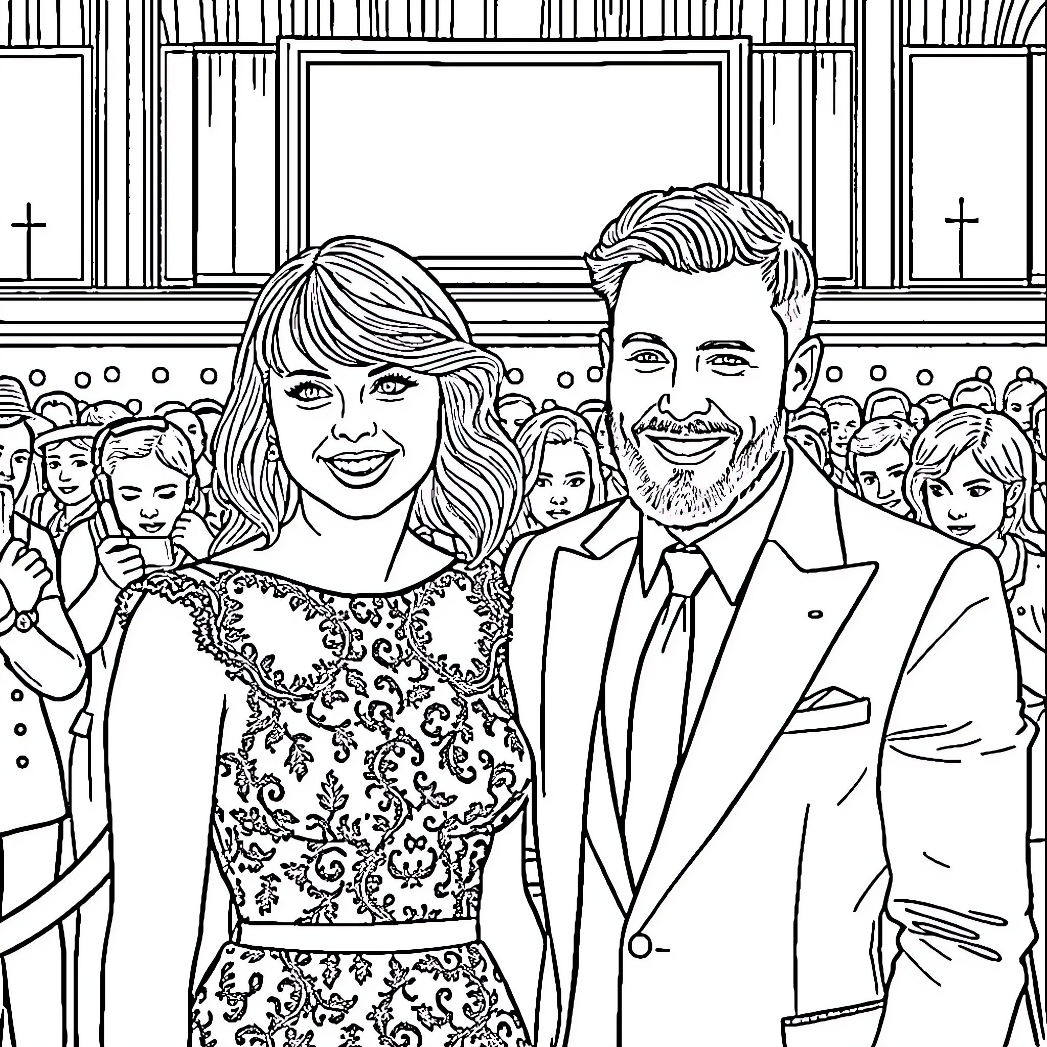 Taylor Swift and her husband posing at a glamorous event Coloring Page (free black-and-white line drawing printable PDF for all, from beginners to advanced learners, including children, teens, adults, and seniors)