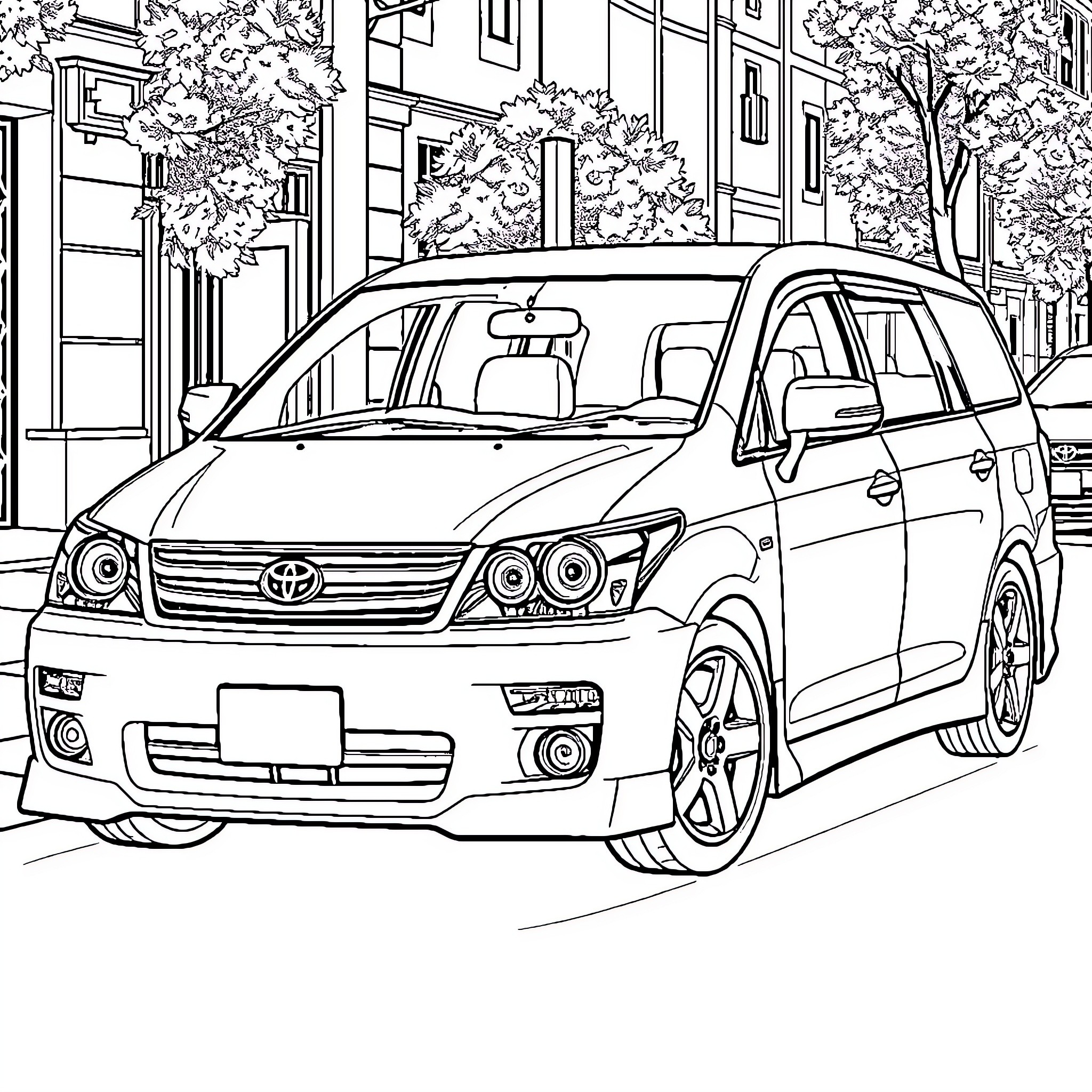 Toyota SUV parked on a city street Coloring Page (free black-and-white line drawing printable PDF for all, from beginners to advanced learners, including children, teens, adults, and seniors)