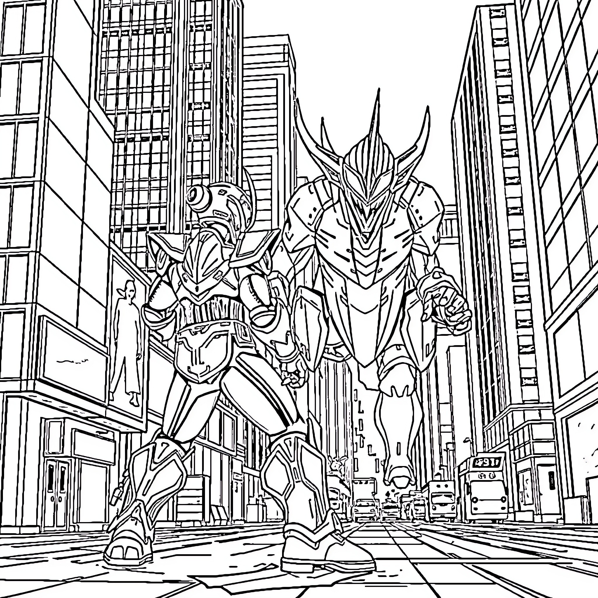 Ultraman battling giant monster in city Coloring Page (free black-and-white line drawing printable PDF for all, from beginners to advanced learners, including children, teens, adults, and seniors)
