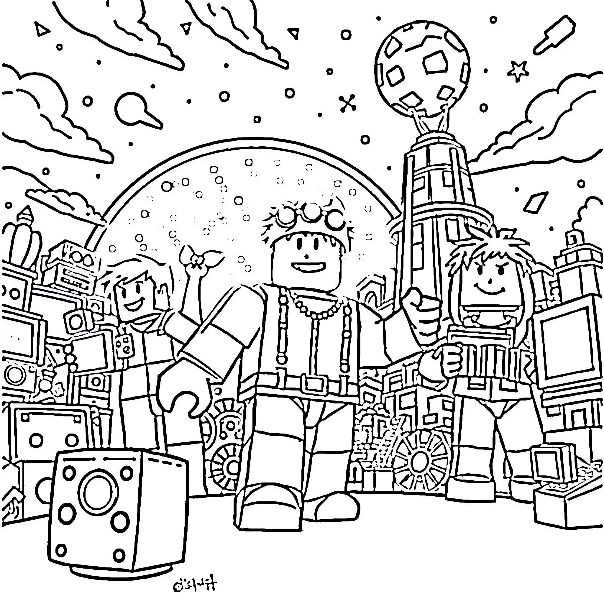 Roblox Characters Enjoying a Lively Cityscape Coloring Page (free black-and-white line drawing printable PDF for all, from beginners to advanced learners, including children, teens, adults, and seniors)