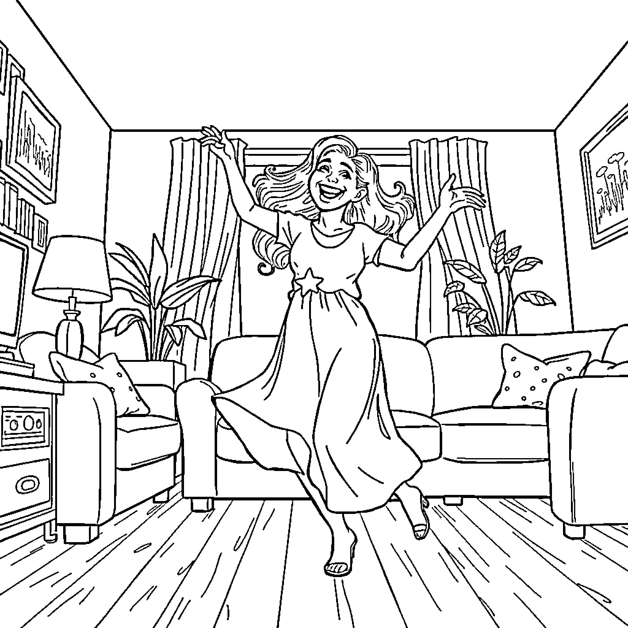 Mommy joyfully dancing in her living room Coloring Page (free black-and-white line drawing printable PDF for all, from beginners to advanced learners, including children, teens, adults, and seniors)