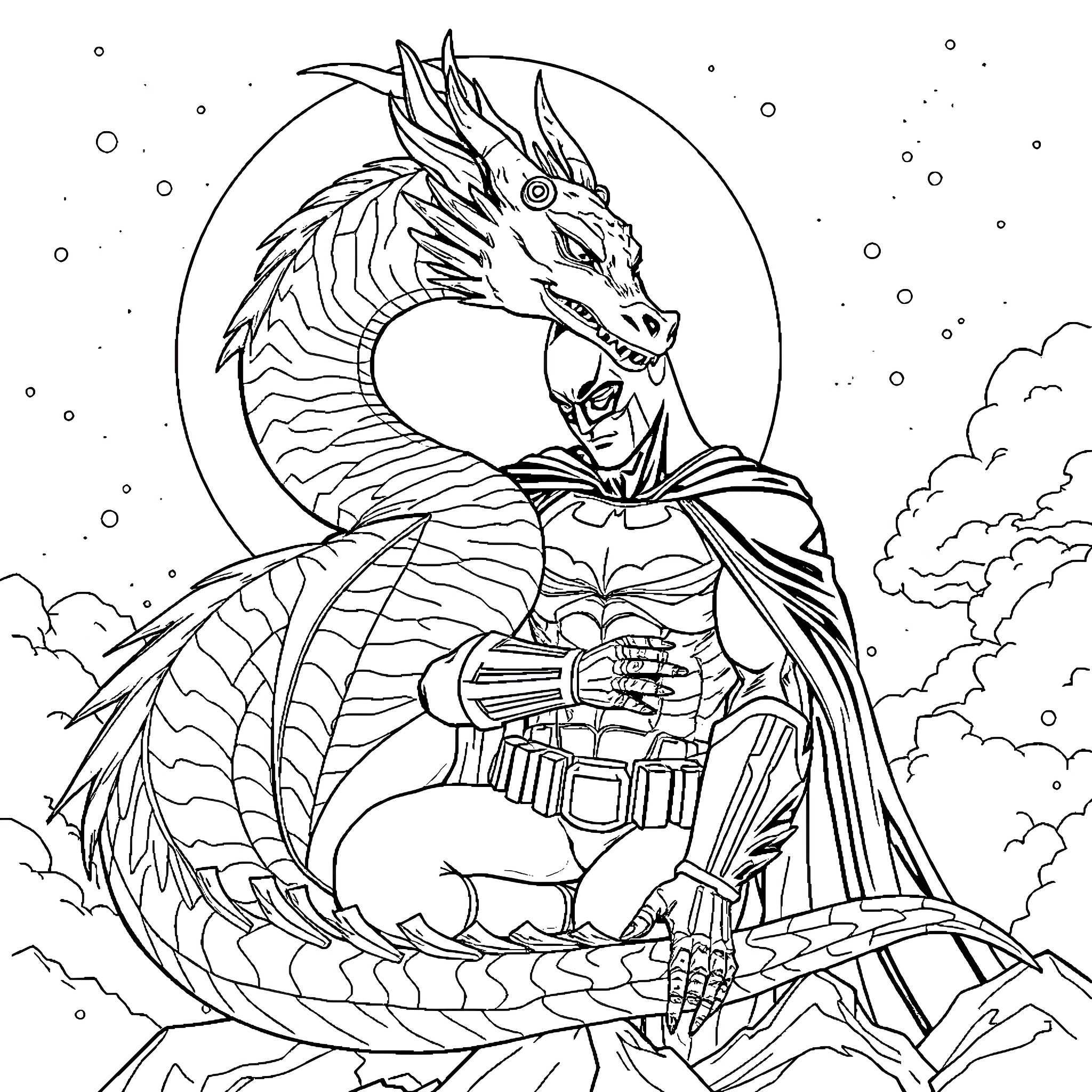 Dragon Knight Battling in the Cloudy Skies Coloring Page (free black-and-white line drawing printable PDF for all, from beginners to advanced learners, including children, teens, adults, and seniors)