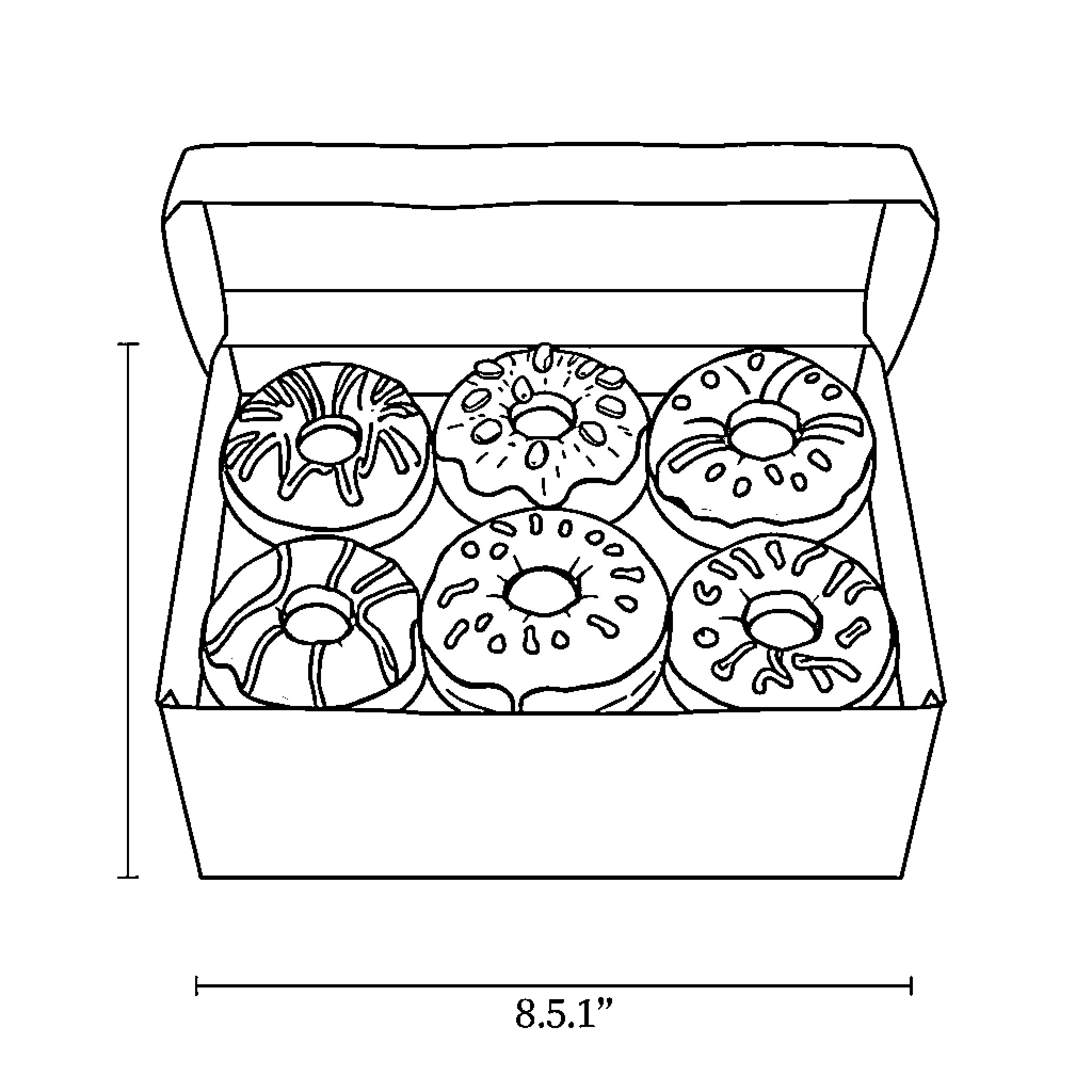 Donut box filled with assorted donuts Coloring Page (free black-and-white line drawing printable PDF for all, from beginners to advanced learners, including children, teens, adults, and seniors)