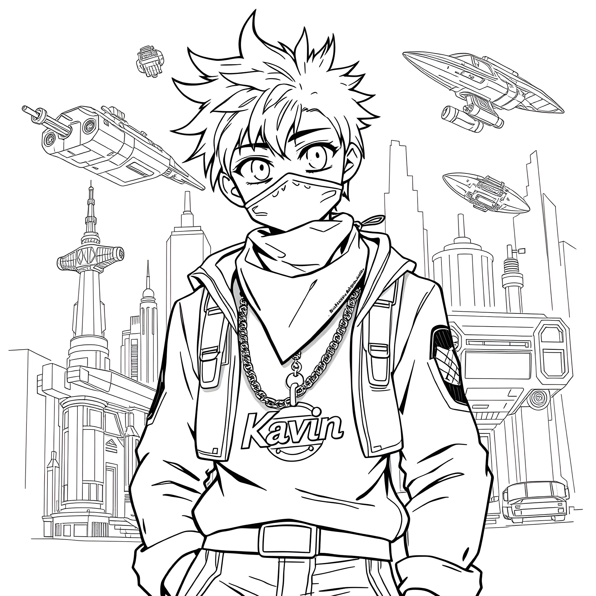 Anime Boy with Futuristic Gadgets and Cityscape Coloring Page (free black-and-white line drawing printable PDF for all, from beginners to advanced learners, including children, teens, adults, and seniors)