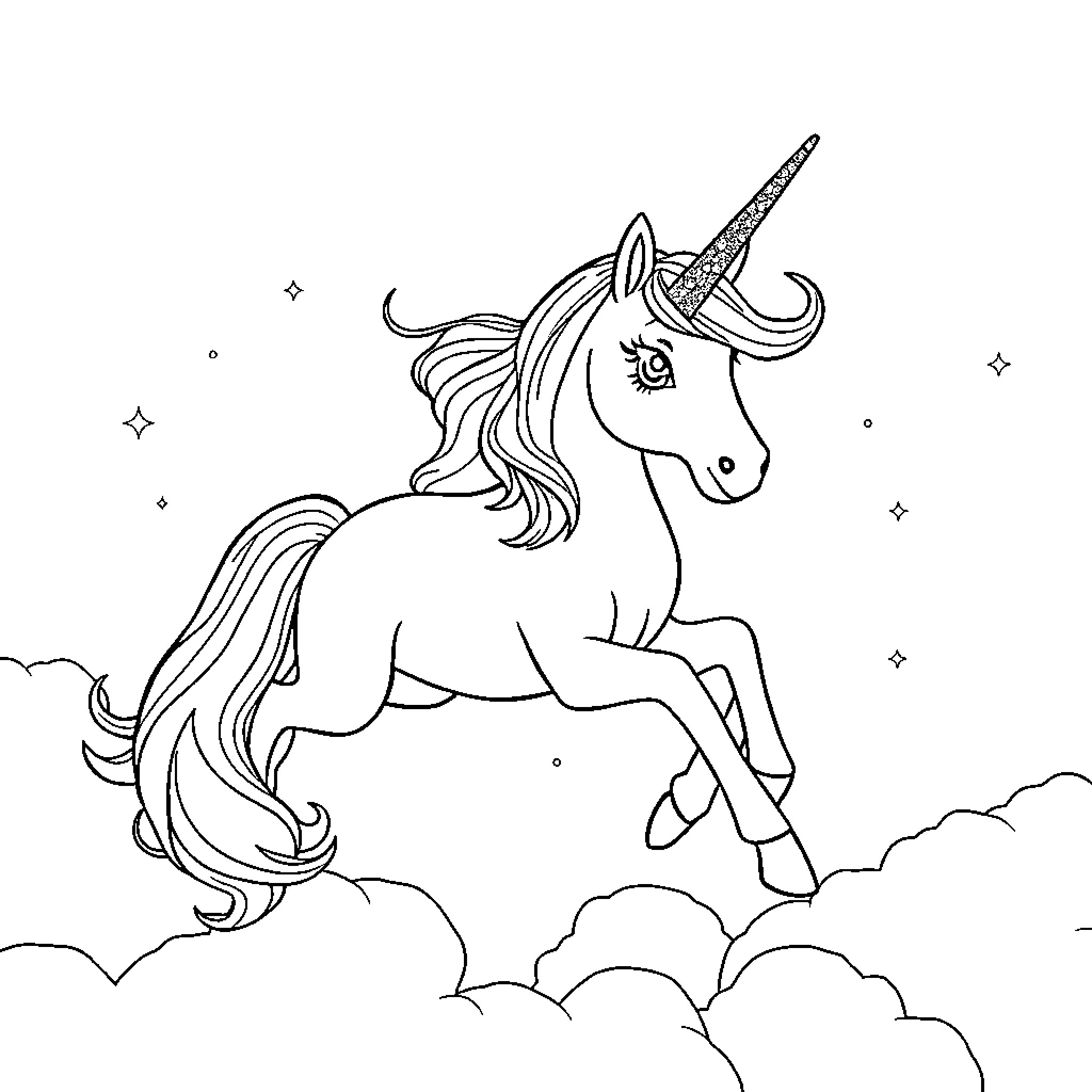 Unicorn galloping amidst the clouds Coloring Page (free black-and-white line drawing printable PDF for all, from beginners to advanced learners, including children, teens, adults, and seniors)