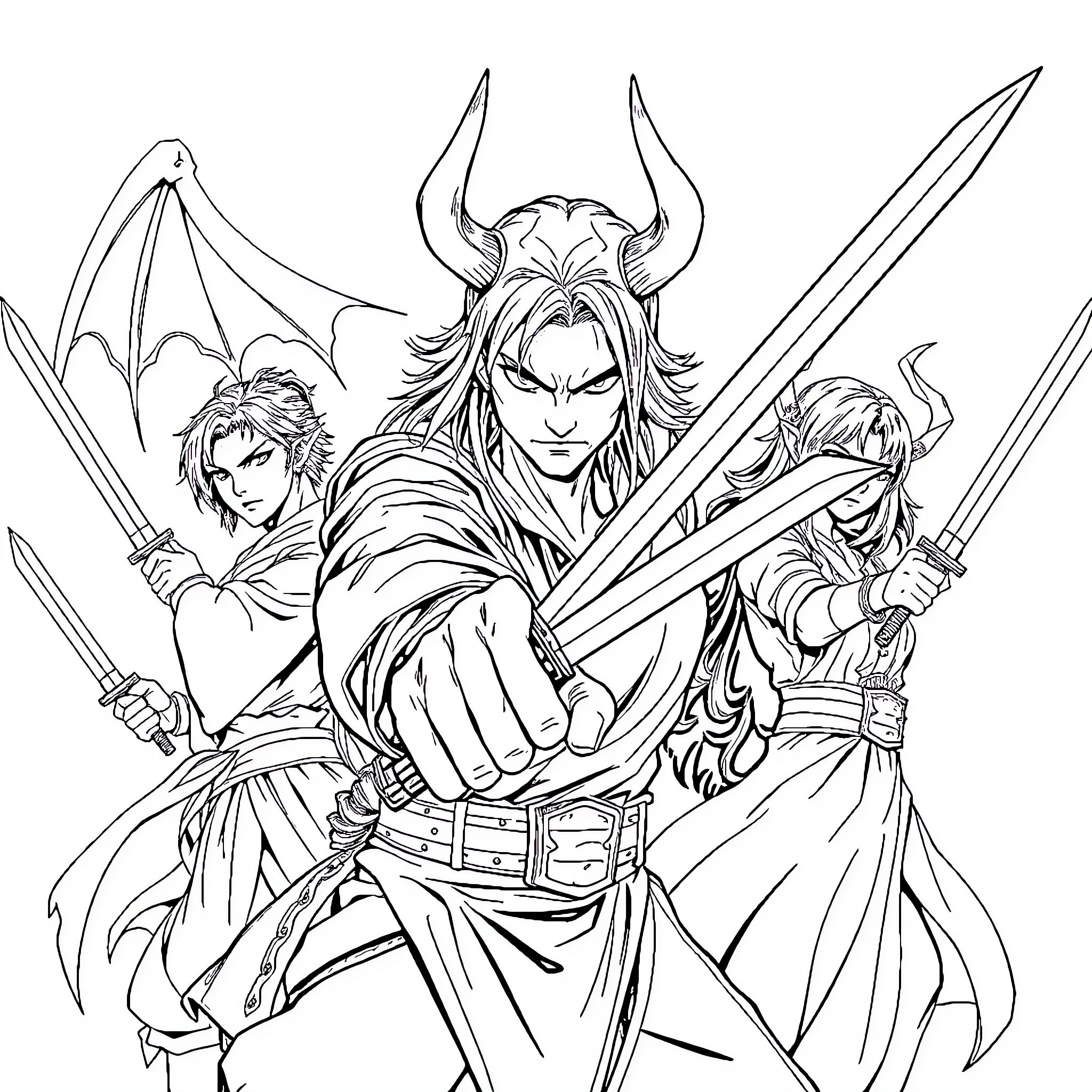 Demon Slayer Warriors in Action Poses Coloring Page (free black-and-white line drawing printable PDF for all, from beginners to advanced learners, including children, teens, adults, and seniors)