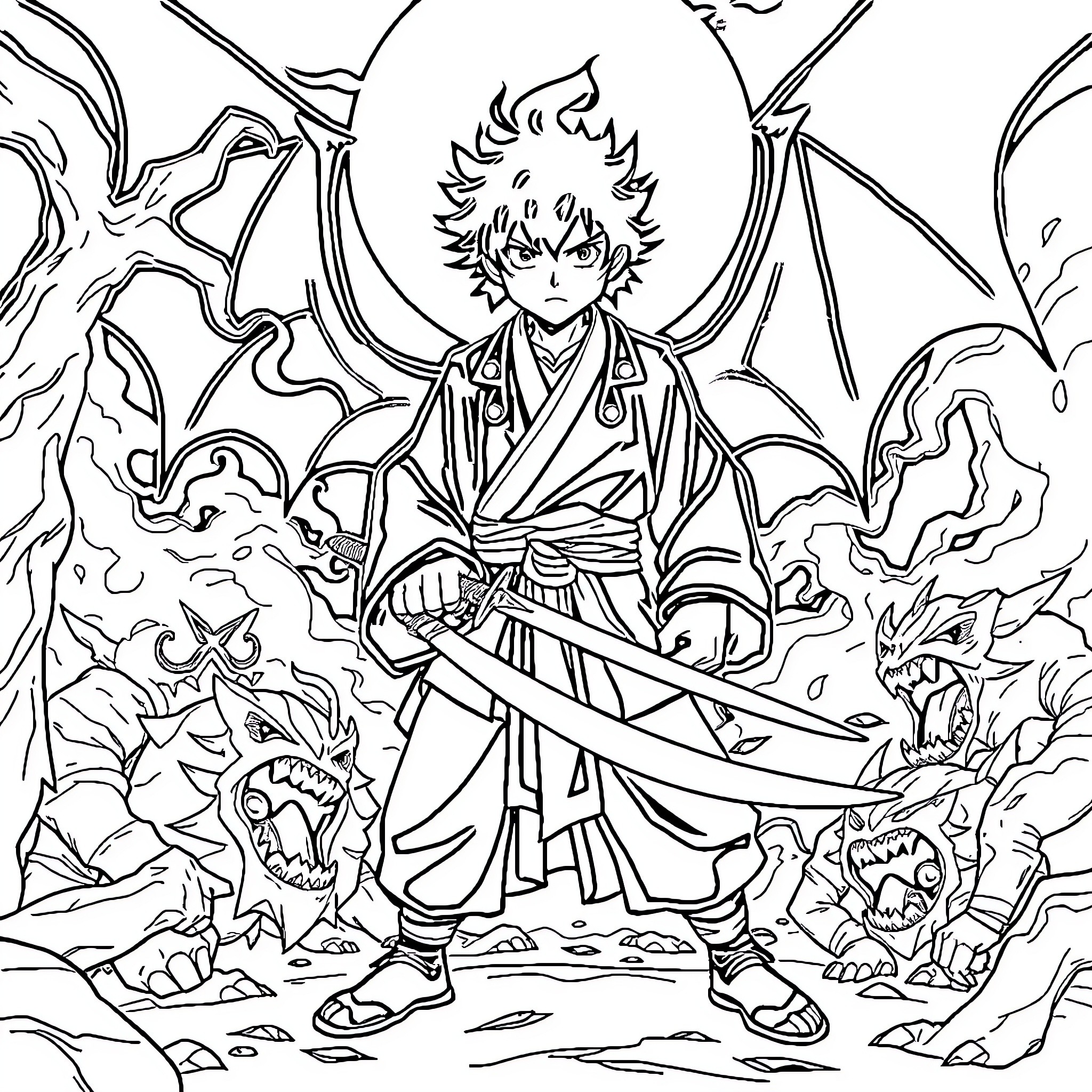 Tanjiro's Courageous Battle in the Demonic Realm Coloring Page (free black-and-white line drawing printable PDF for all, from beginners to advanced learners, including children, teens, adults, and seniors)