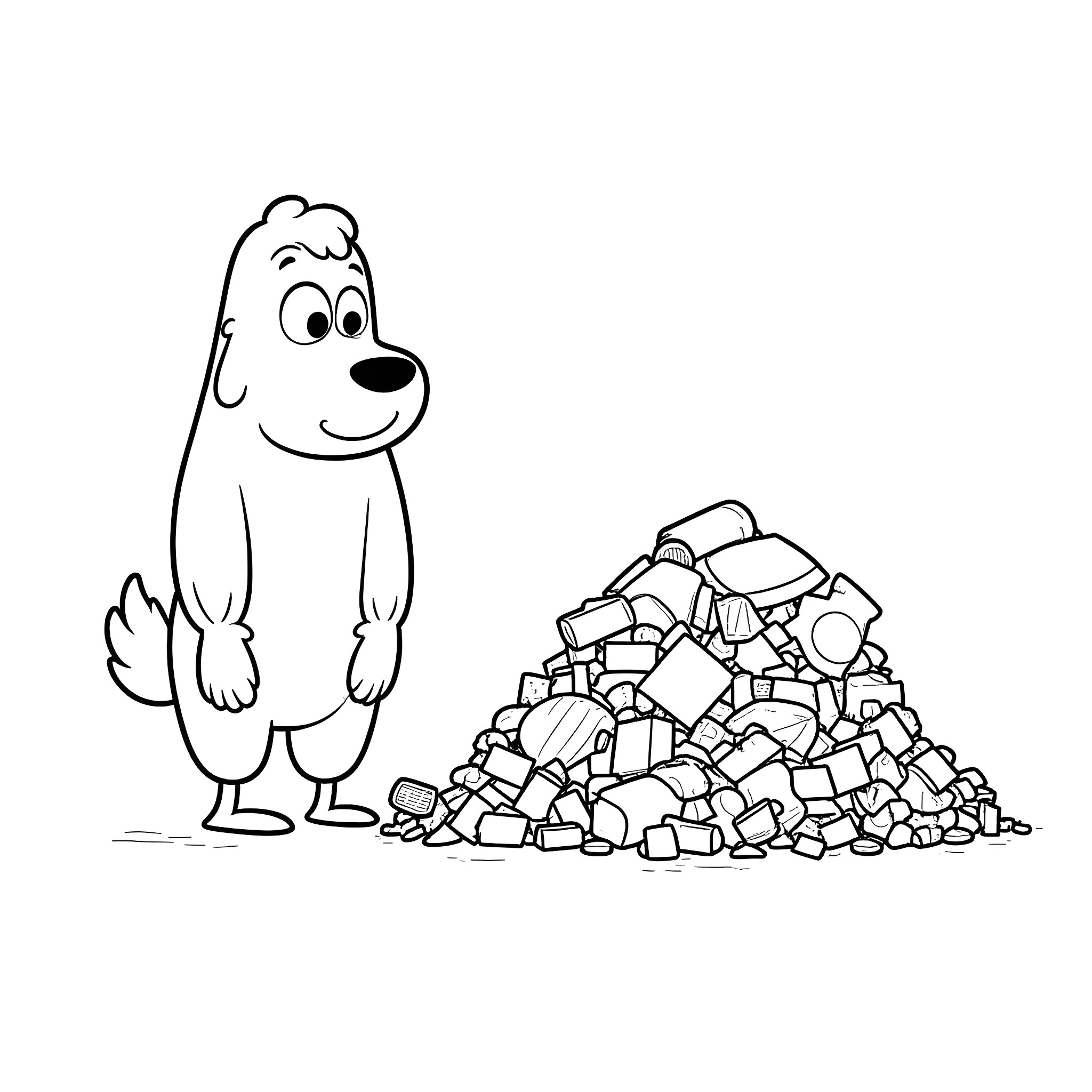 Hank the Dog Admiring a Pile of Rocks Coloring Page (free black-and-white line drawing printable PDF for all, from beginners to advanced learners, including children, teens, adults, and seniors)