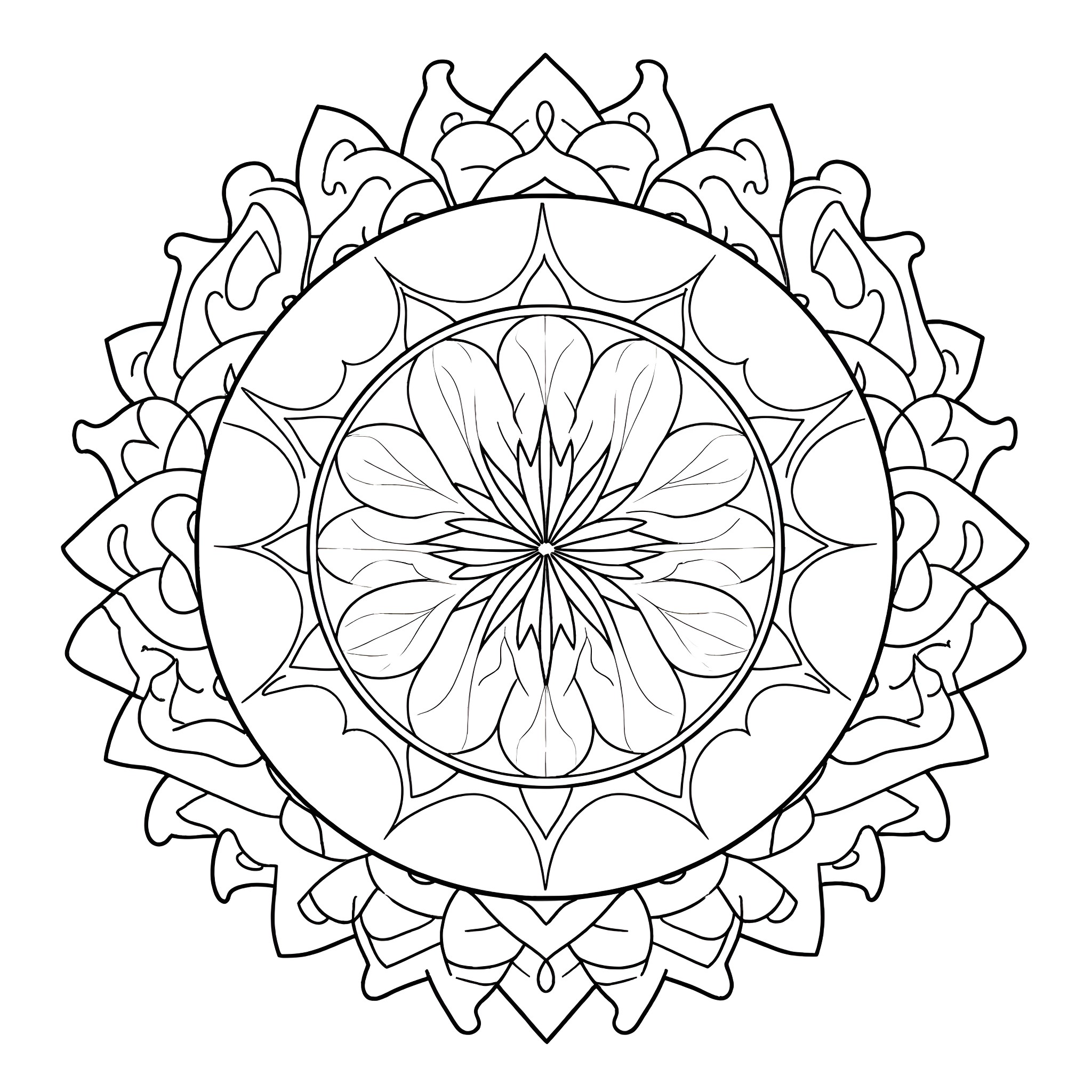 Mandala with intricate floral patterns Coloring Page (free black-and-white line drawing printable PDF for all, from beginners to advanced learners, including children, teens, adults, and seniors)