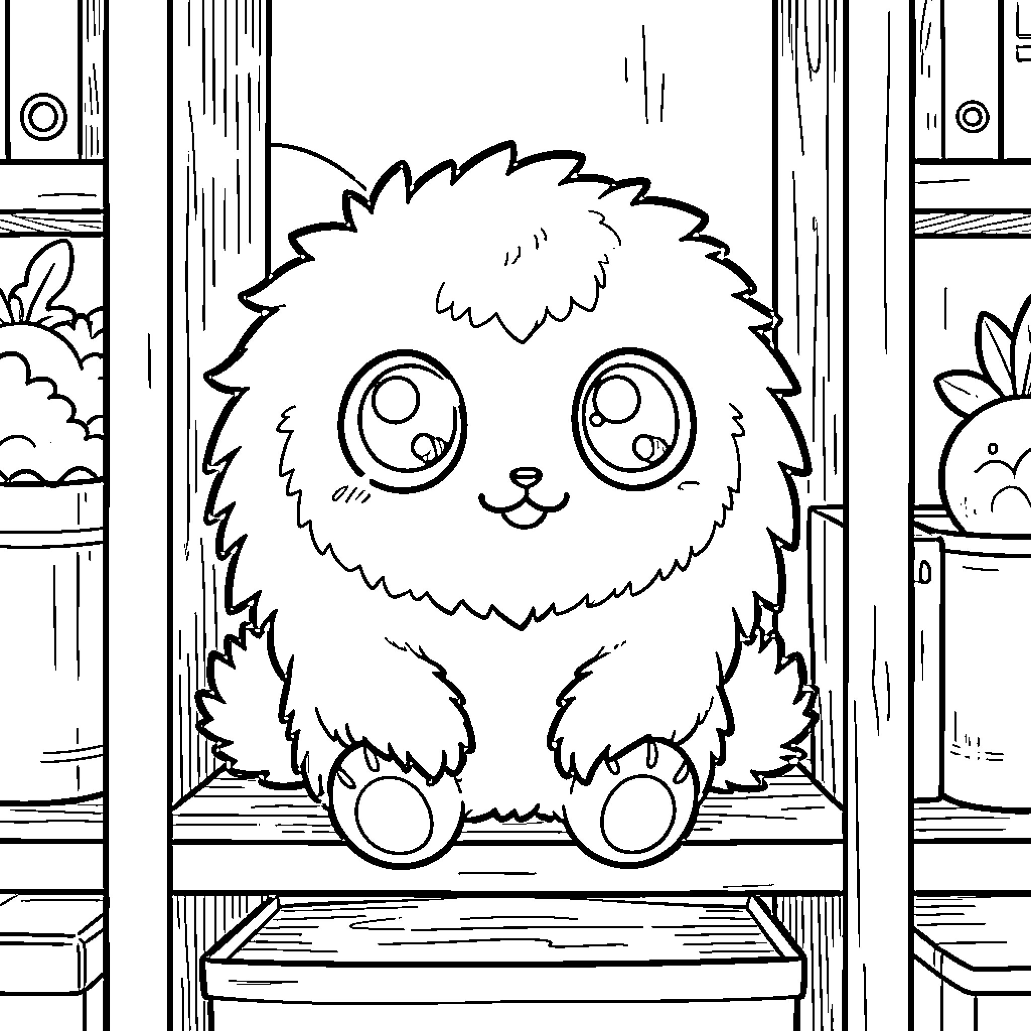 Monchichi sitting cutely in the room Coloring Page (free black-and-white line drawing printable PDF for all, from beginners to advanced learners, including children, teens, adults, and seniors)