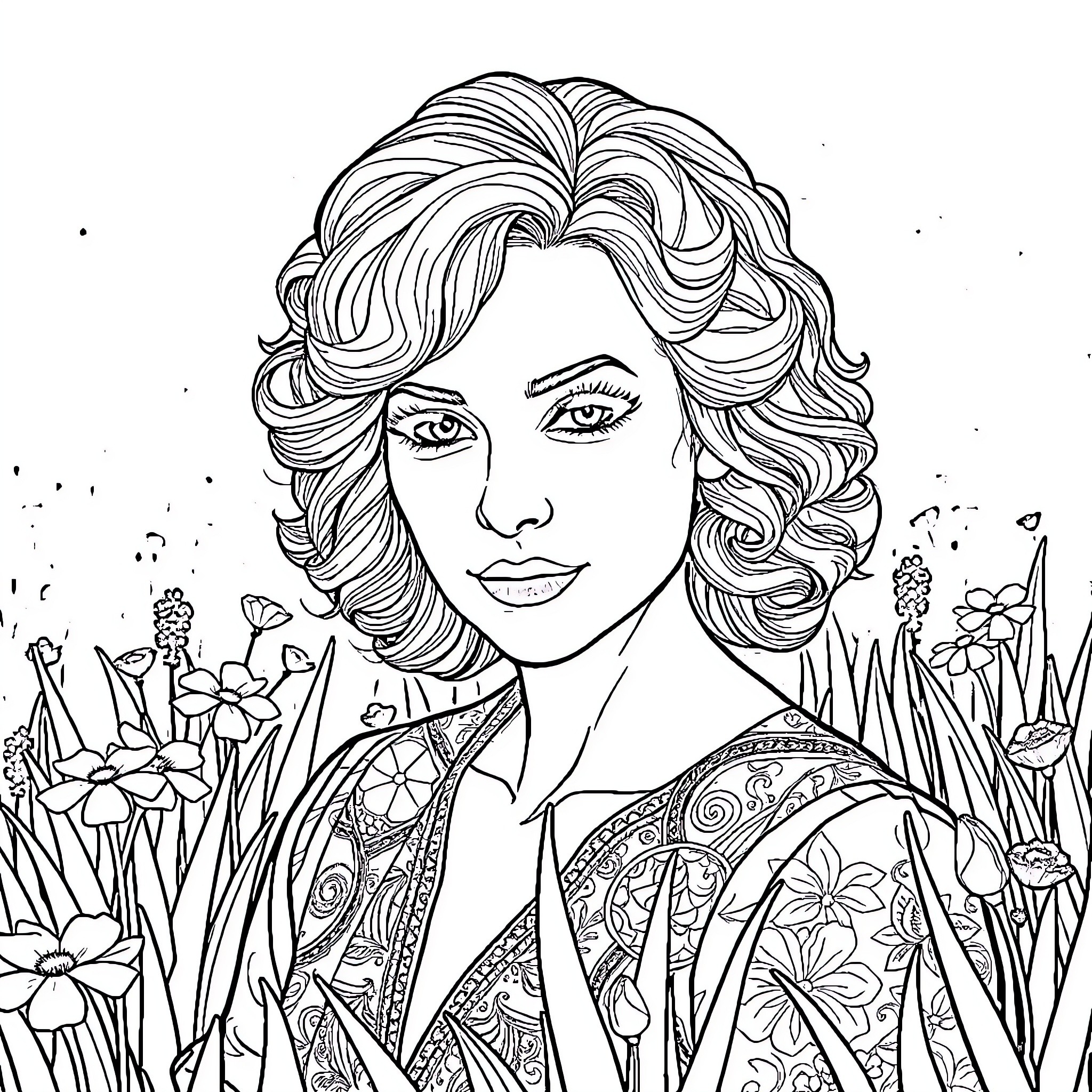 Girl with Curly Hair in Floral Garden Coloring Page (free black-and-white line drawing printable PDF for all, from beginners to advanced learners, including children, teens, adults, and seniors)