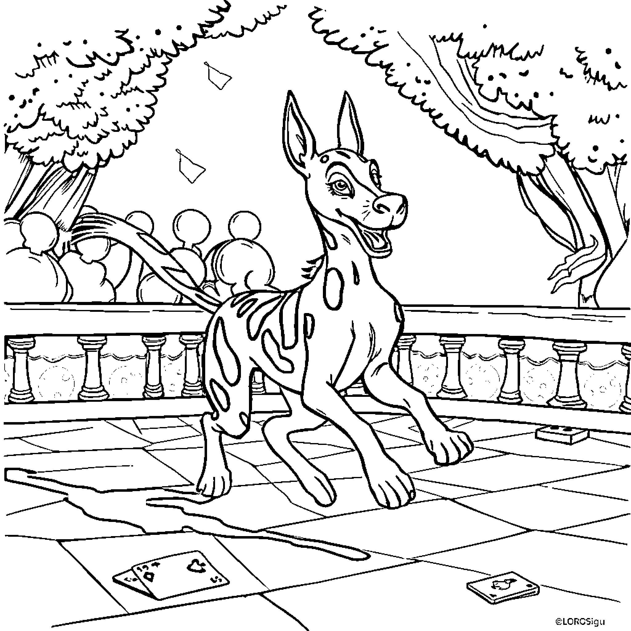 Galgo dog playfully exploring a fantasy landscape Coloring Page (free black-and-white line drawing printable PDF for all, from beginners to advanced learners, including children, teens, adults, and seniors)