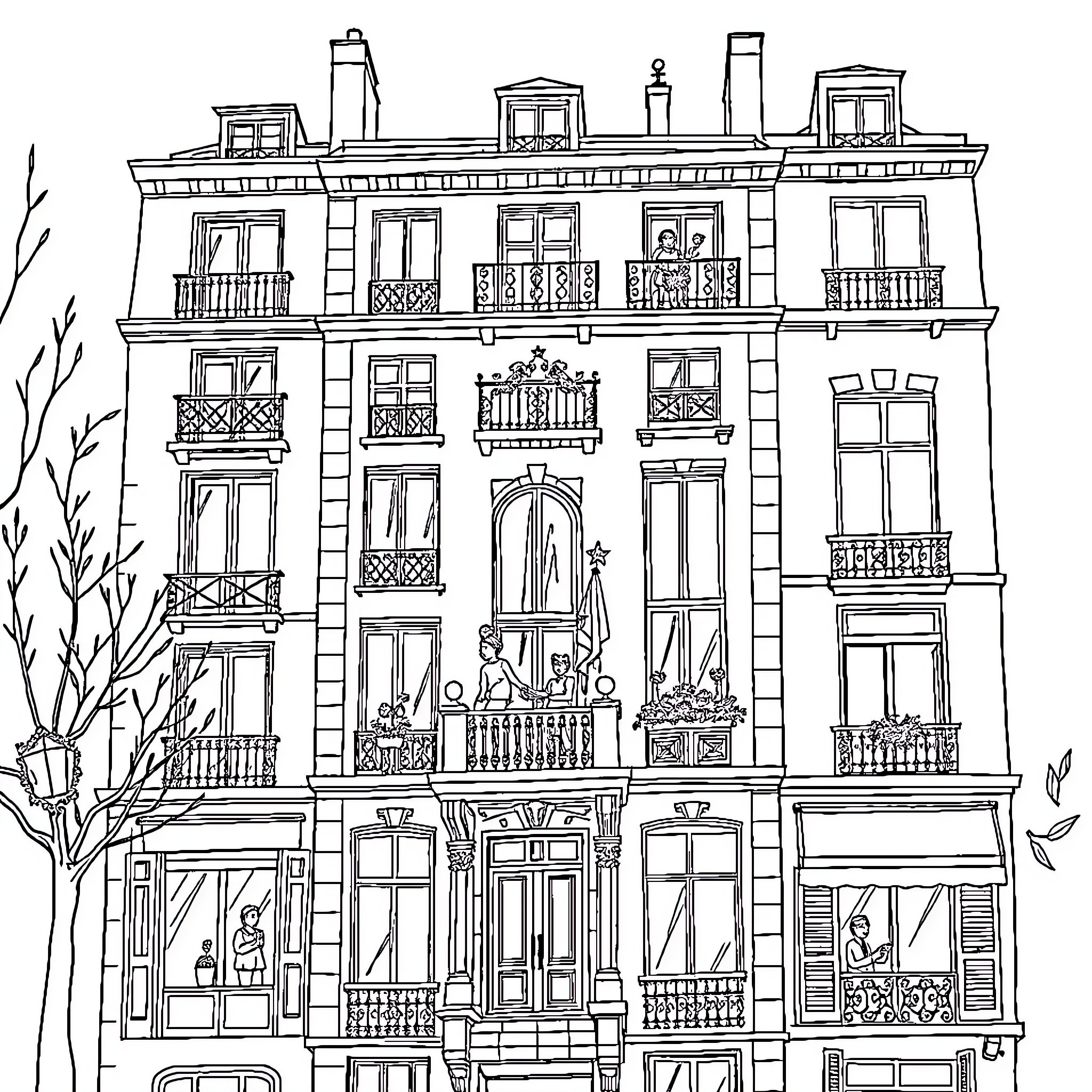 Election Celebration in Historic City Building Coloring Page (free black-and-white line drawing printable PDF for all, from beginners to advanced learners, including children, teens, adults, and seniors)