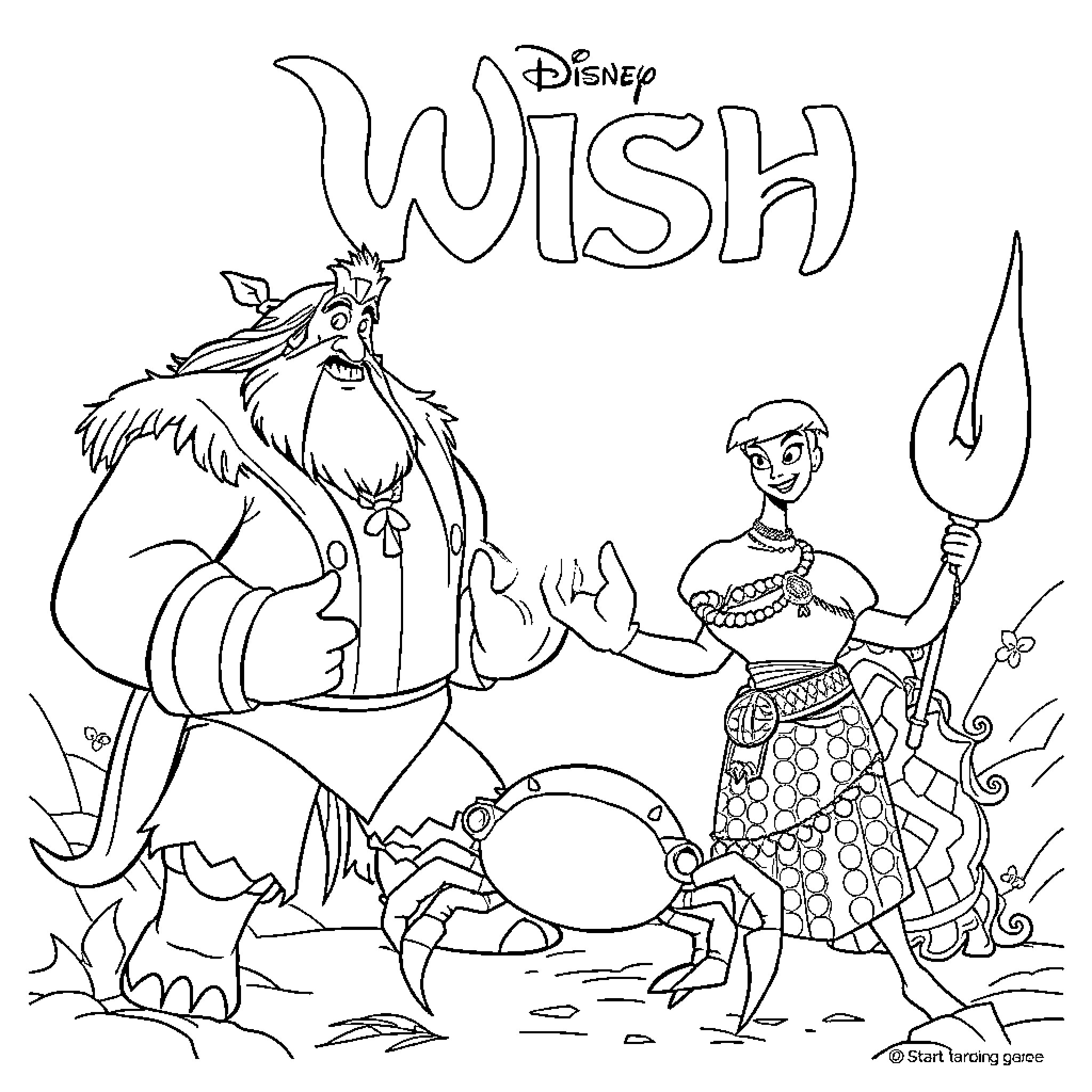Gastón's adventure with the Disney Wish characters Coloring Page (free black-and-white line drawing printable PDF for all, from beginners to advanced learners, including children, teens, adults, and seniors)