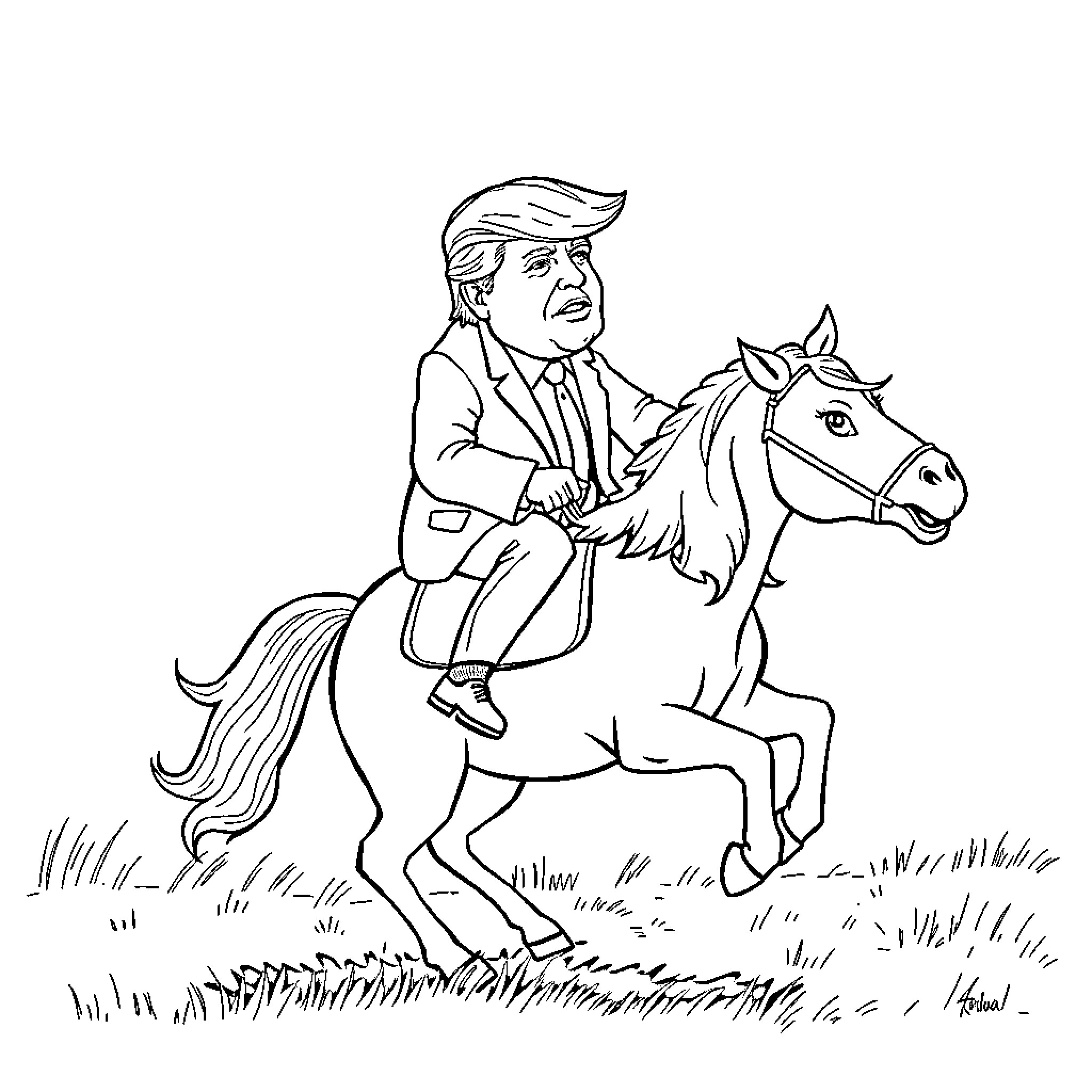Donald Trump riding a horse in the countryside Coloring Page (free black-and-white line drawing printable PDF for all, from beginners to advanced learners, including children, teens, adults, and seniors)