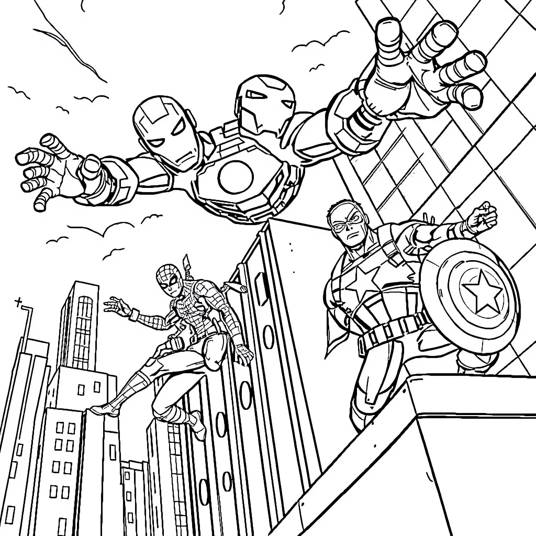 Superhero heroes in action saving the city Coloring Page (free black-and-white line drawing printable PDF for all, from beginners to advanced learners, including children, teens, adults, and seniors)