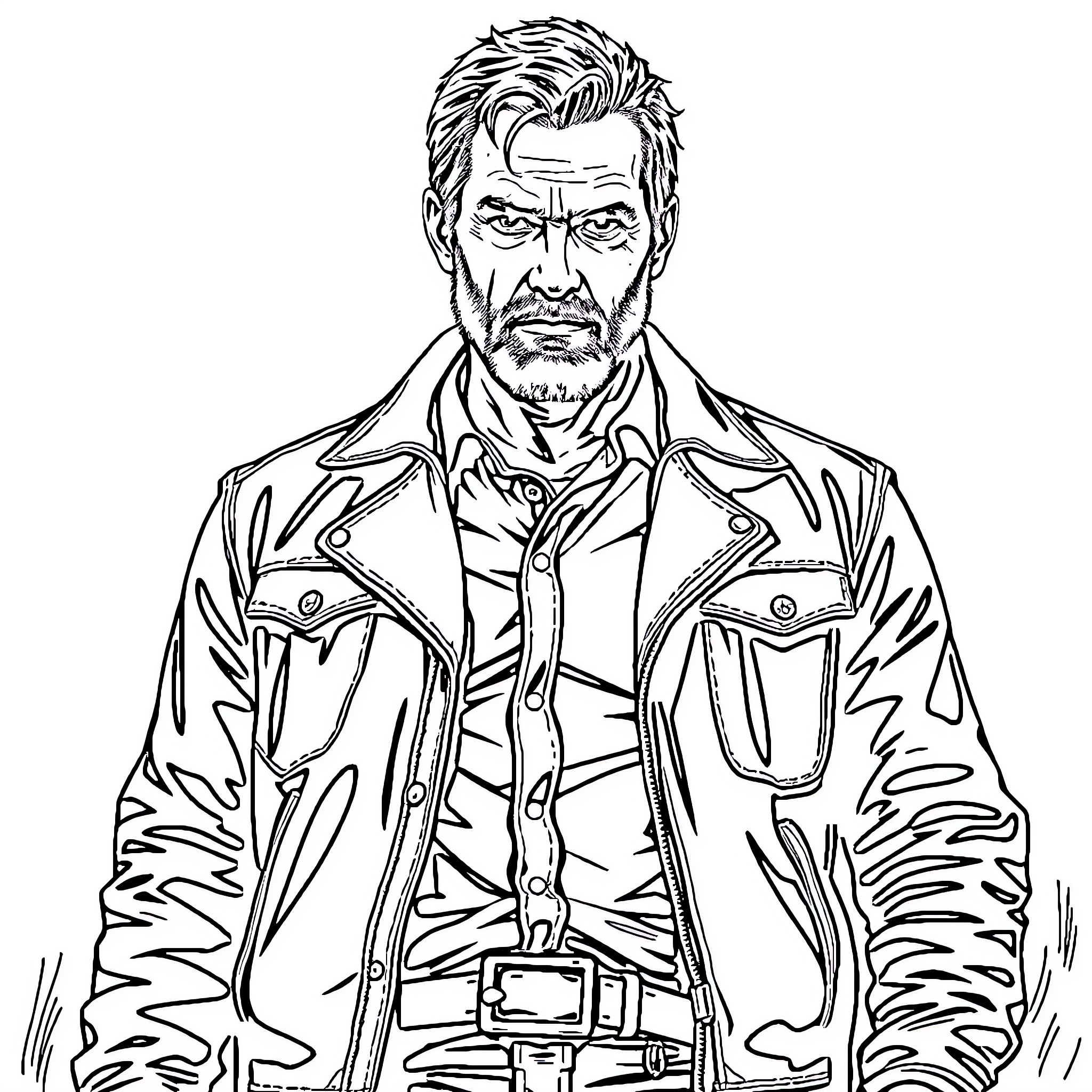 Rick Grimes in action-ready outfit Coloring Page (free black-and-white line drawing printable PDF for all, from beginners to advanced learners, including children, teens, adults, and seniors)