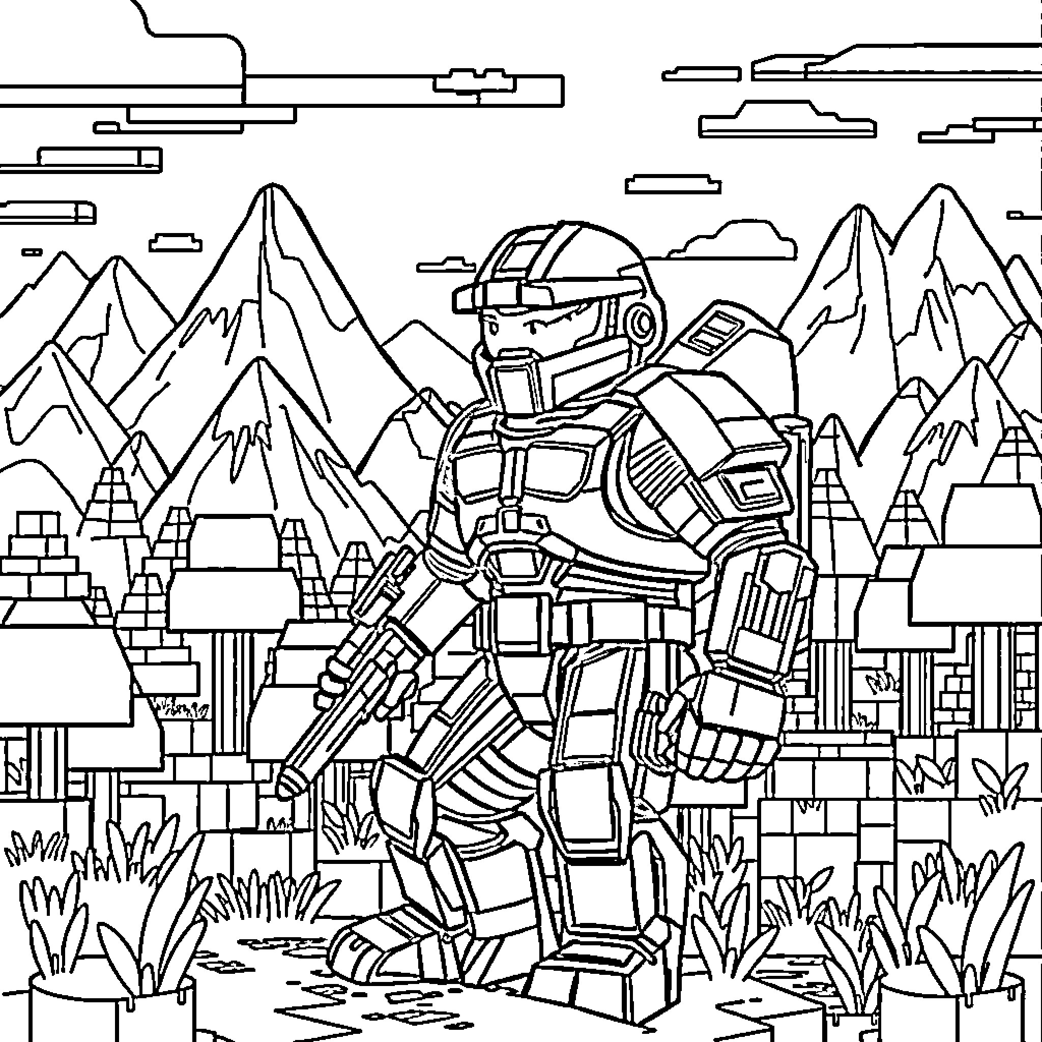 Master Chief exploring futuristic alien landscape Coloring Page (free black-and-white line drawing printable PDF for all, from beginners to advanced learners, including children, teens, adults, and seniors)