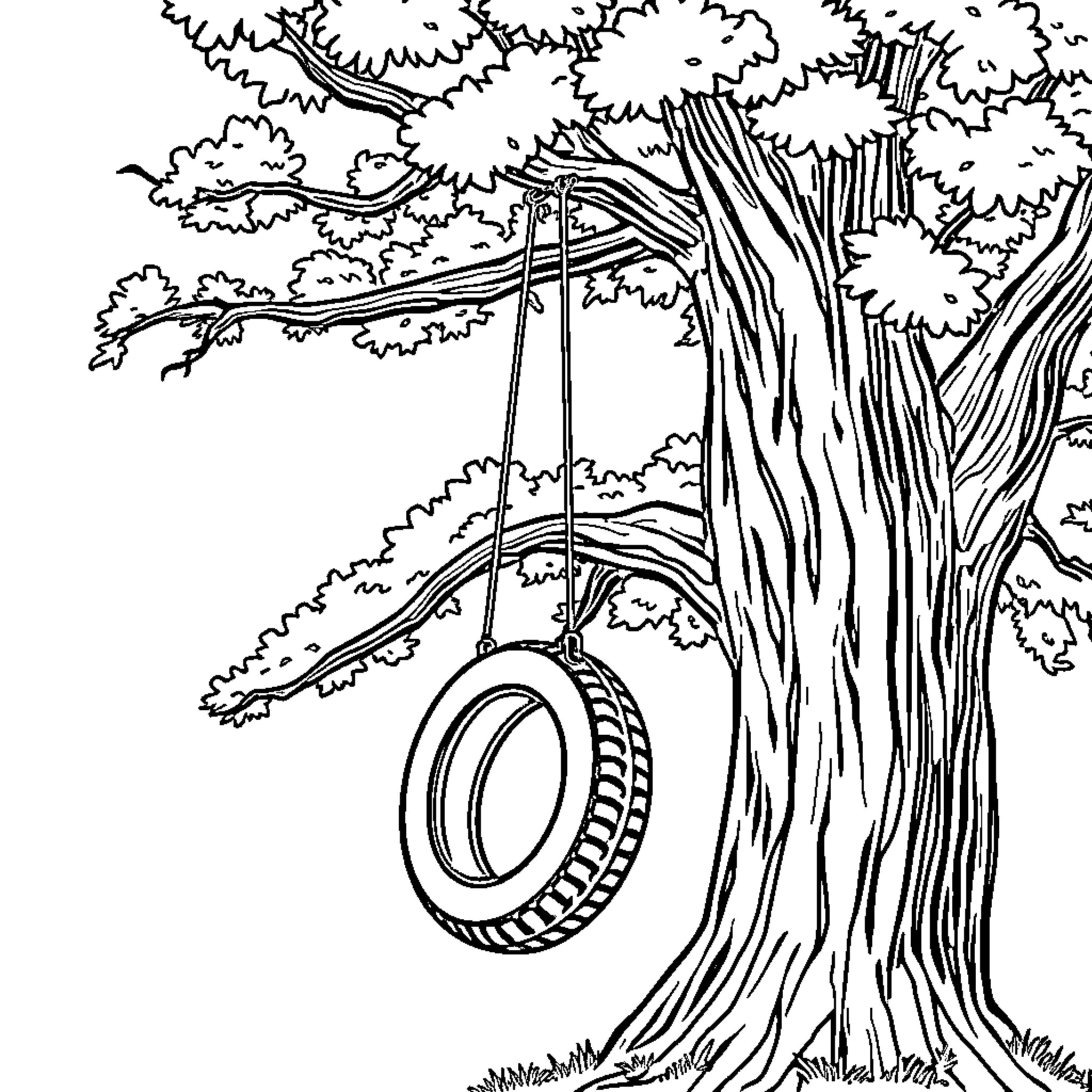 Tree swing in the forest Coloring Page (free black-and-white line drawing printable PDF for all, from beginners to advanced learners, including children, teens, adults, and seniors)