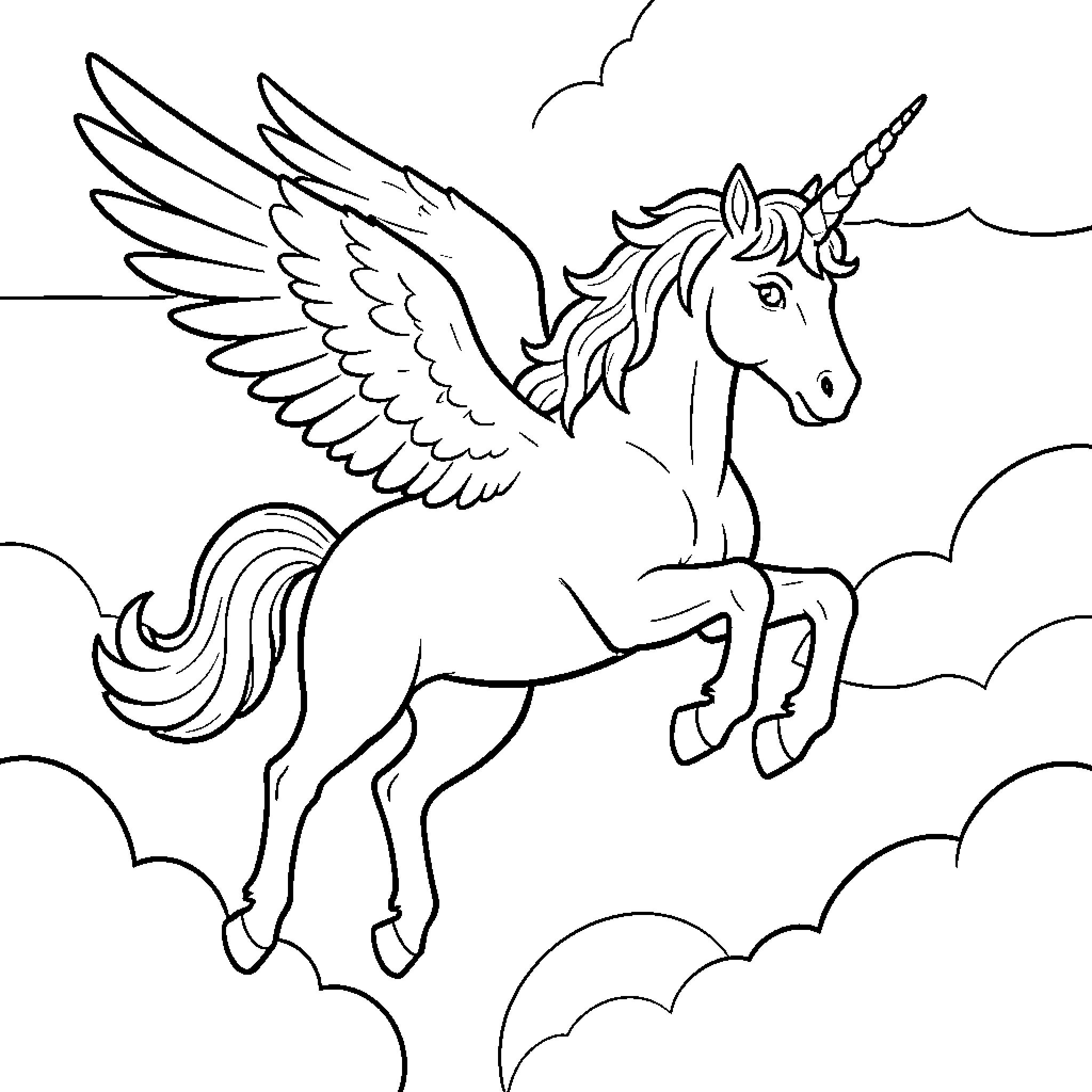 Flying Unicorn soaring majestically through the clouds Coloring Page (free black-and-white line drawing printable PDF for all, from beginners to advanced learners, including children, teens, adults, and seniors)