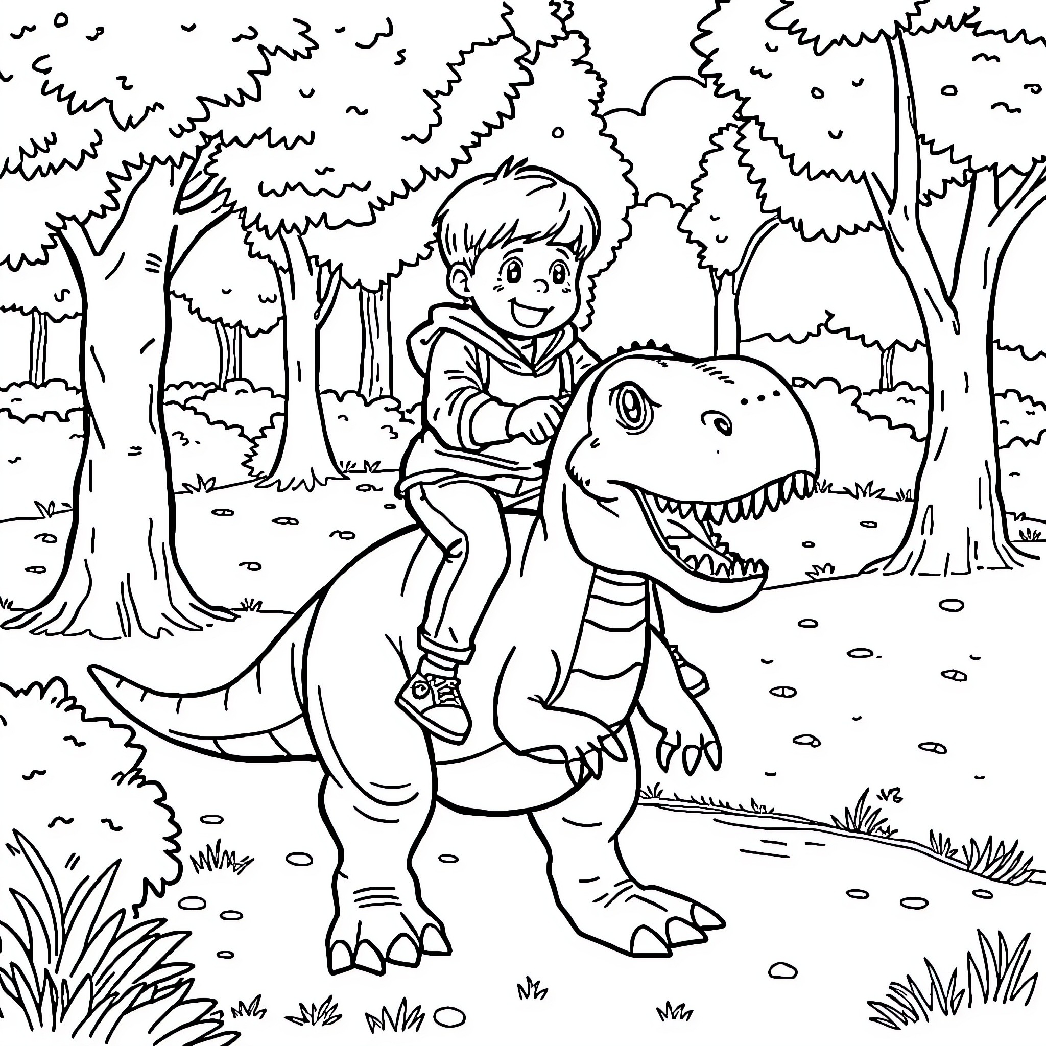 T-Rex Playmates in the Enchanted Forest Coloring Page (free black-and-white line drawing printable PDF for all, from beginners to advanced learners, including children, teens, adults, and seniors)