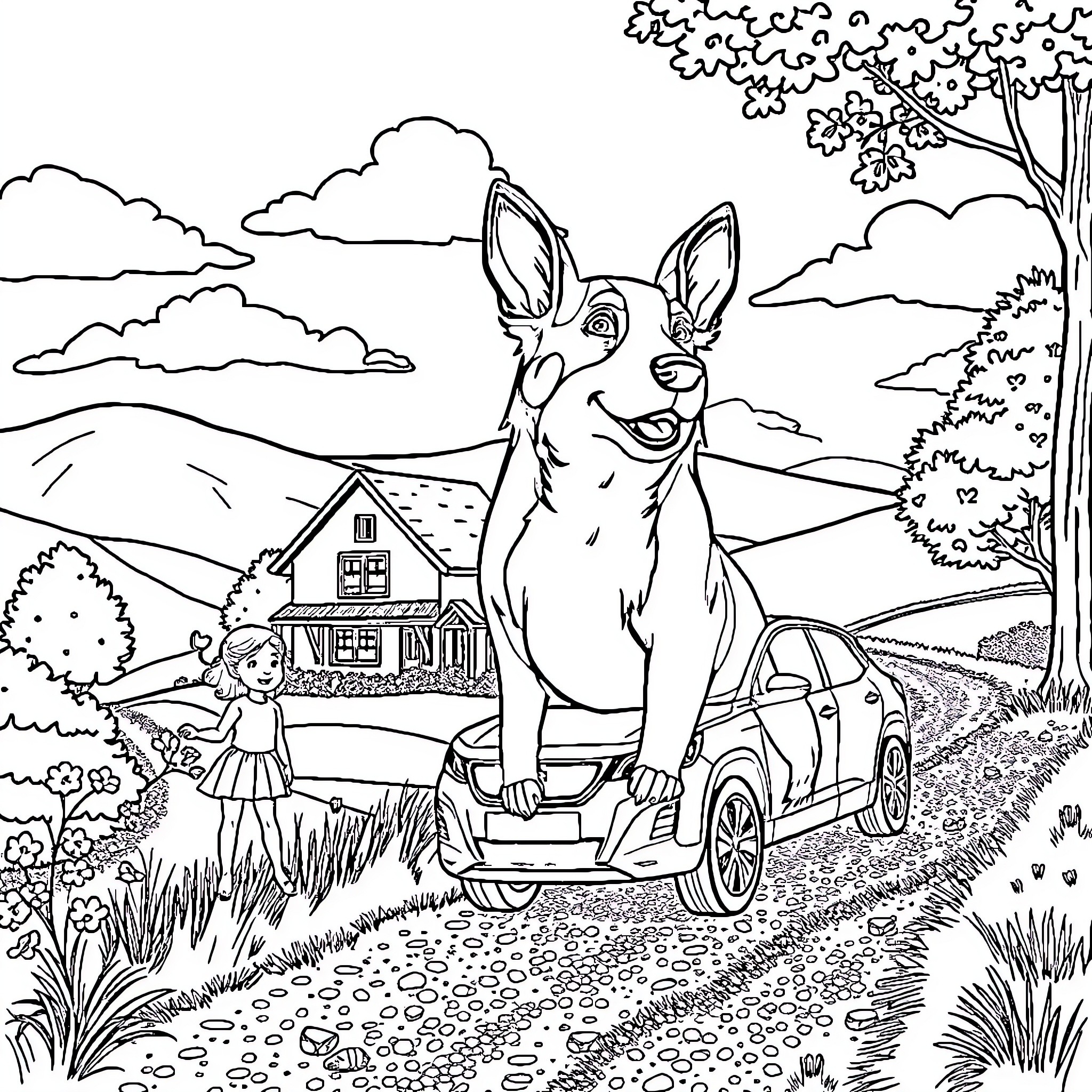 House with Deer and Girl on Country Road Coloring Page (free black-and-white line drawing printable PDF for all, from beginners to advanced learners, including children, teens, adults, and seniors)