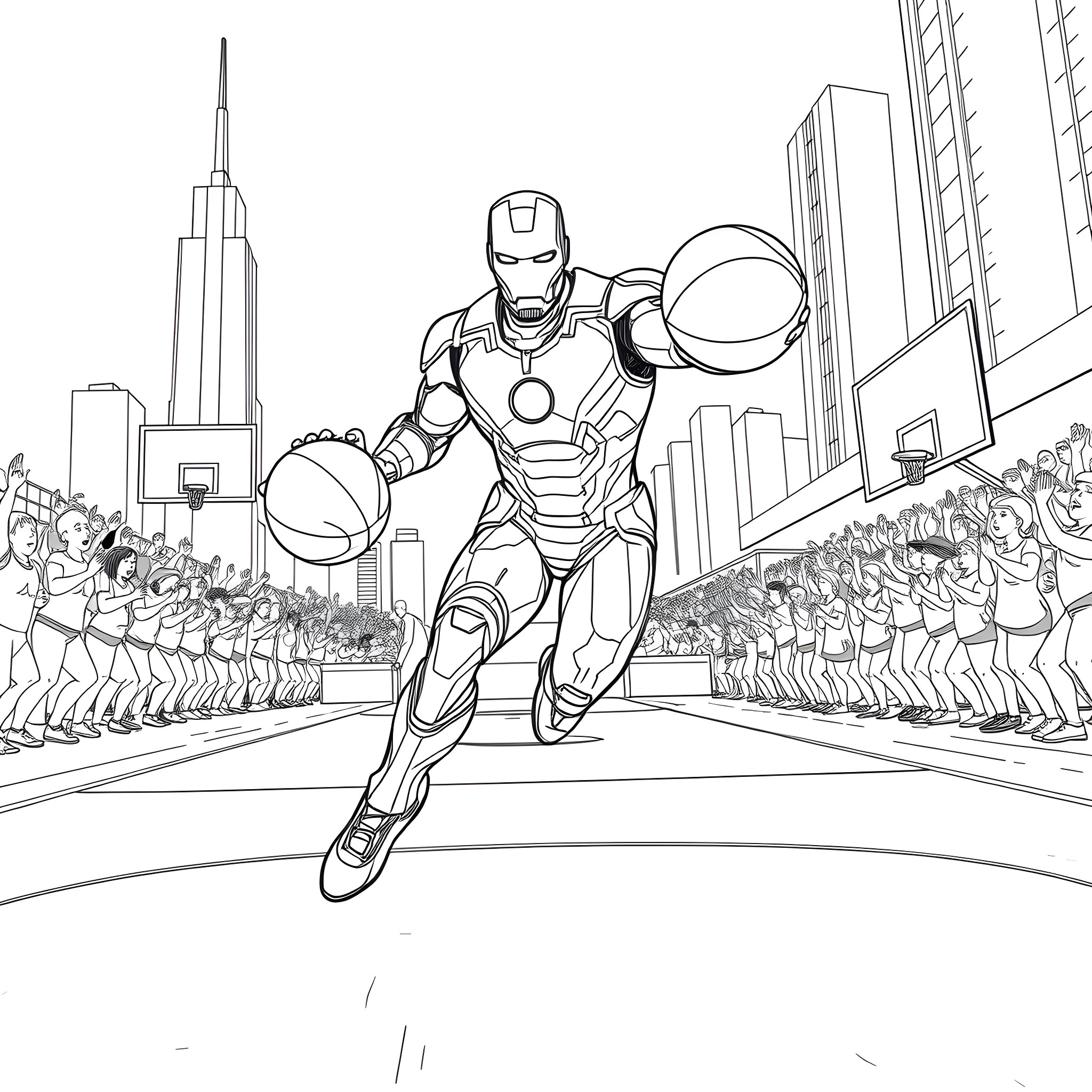 Ironman soaring through the city skyline Coloring Page (free black-and-white line drawing printable PDF for all, from beginners to advanced learners, including children, teens, adults, and seniors)