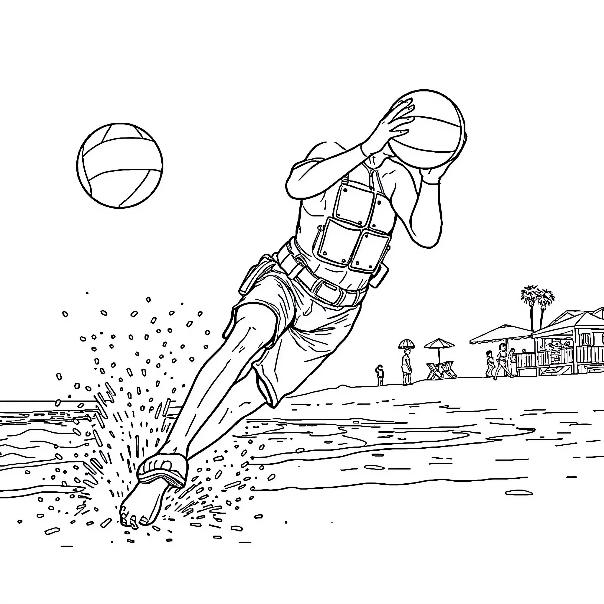 Gendarme diving to catch volleyball on the beach Coloring Page (free black-and-white line drawing printable PDF for all, from beginners to advanced learners, including children, teens, adults, and seniors)