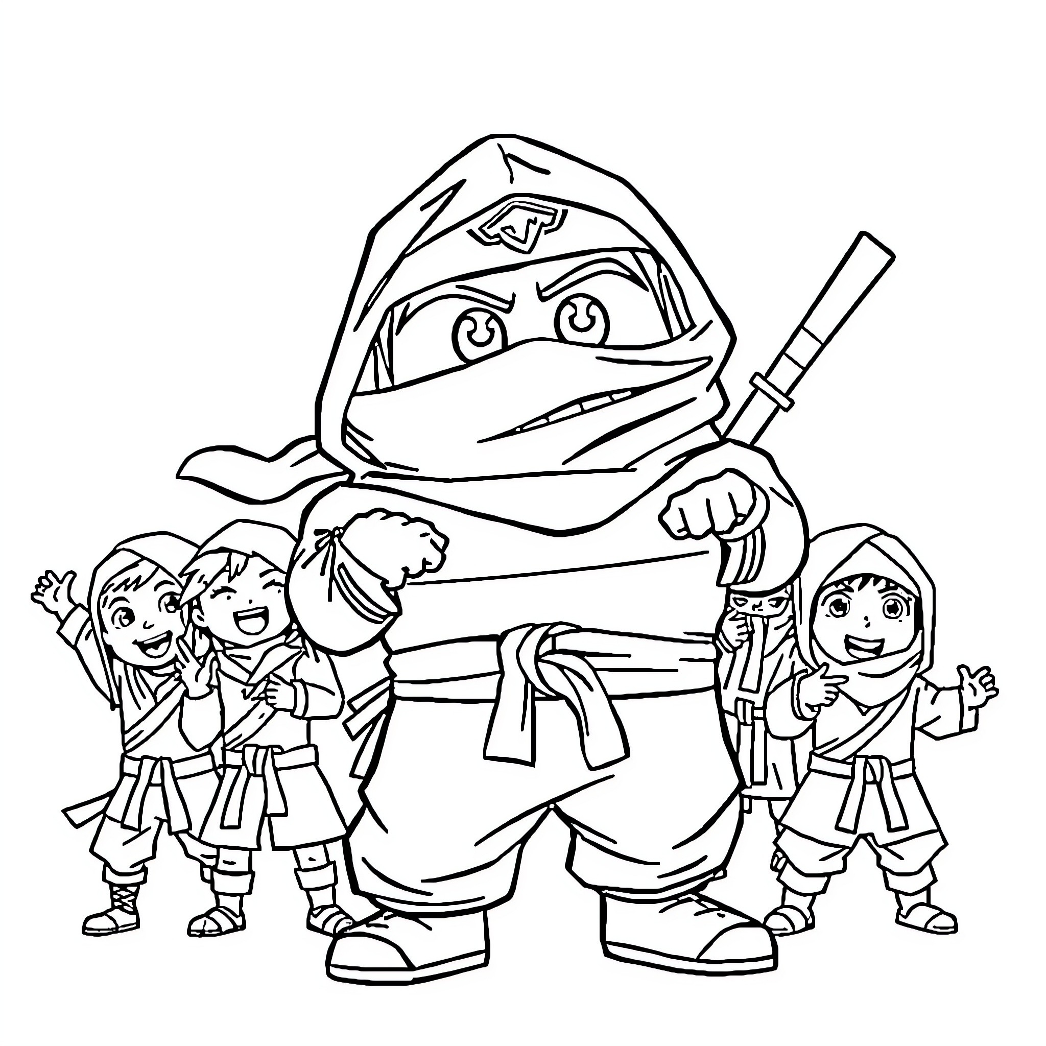 Lightning McQueen and Friends in Ninja Outfits Coloring Page (free black-and-white line drawing printable PDF for all, from beginners to advanced learners, including children, teens, adults, and seniors)