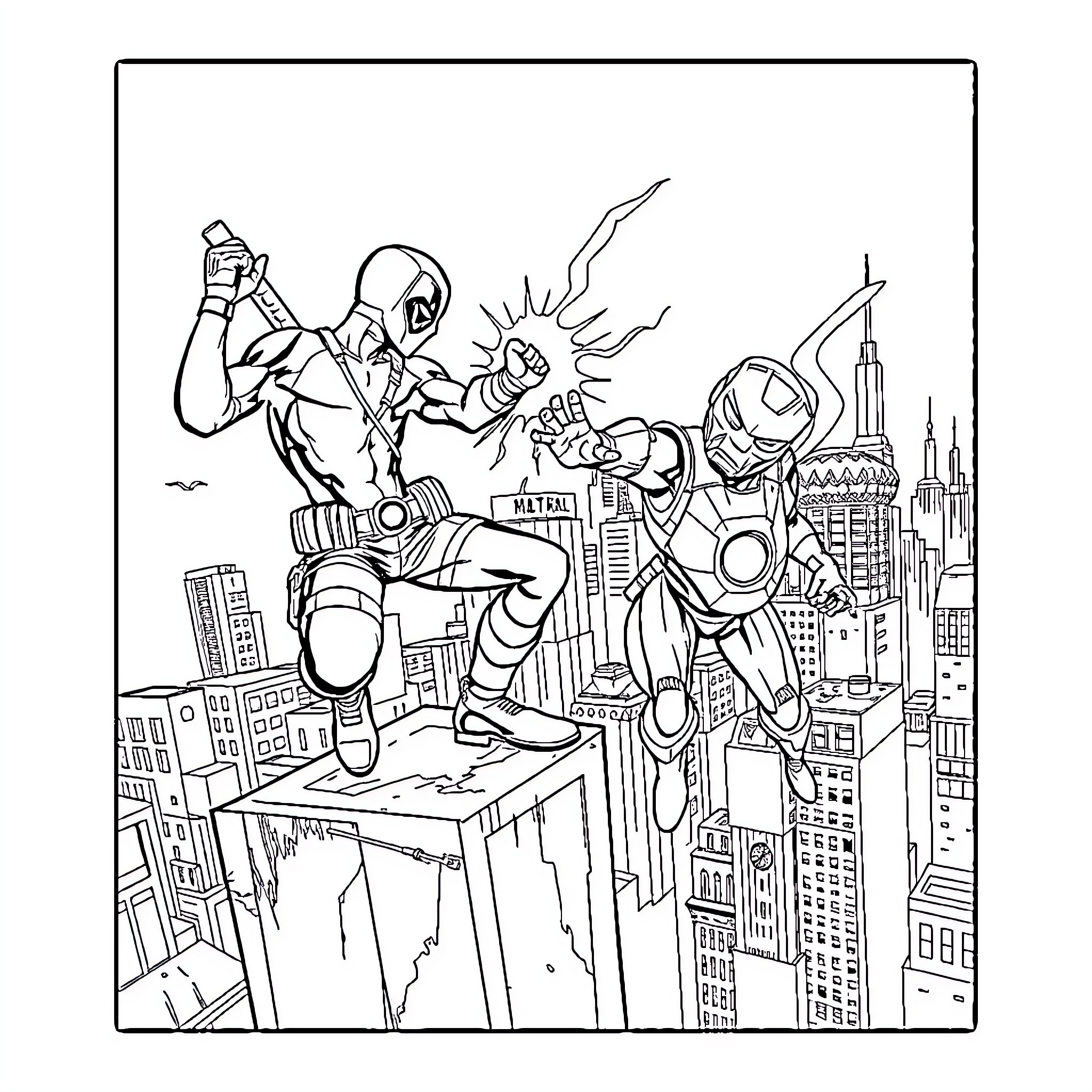 Deadpool's Superhero Showdown in the City Coloring Page (free black-and-white line drawing printable PDF for all, from beginners to advanced learners, including children, teens, adults, and seniors)