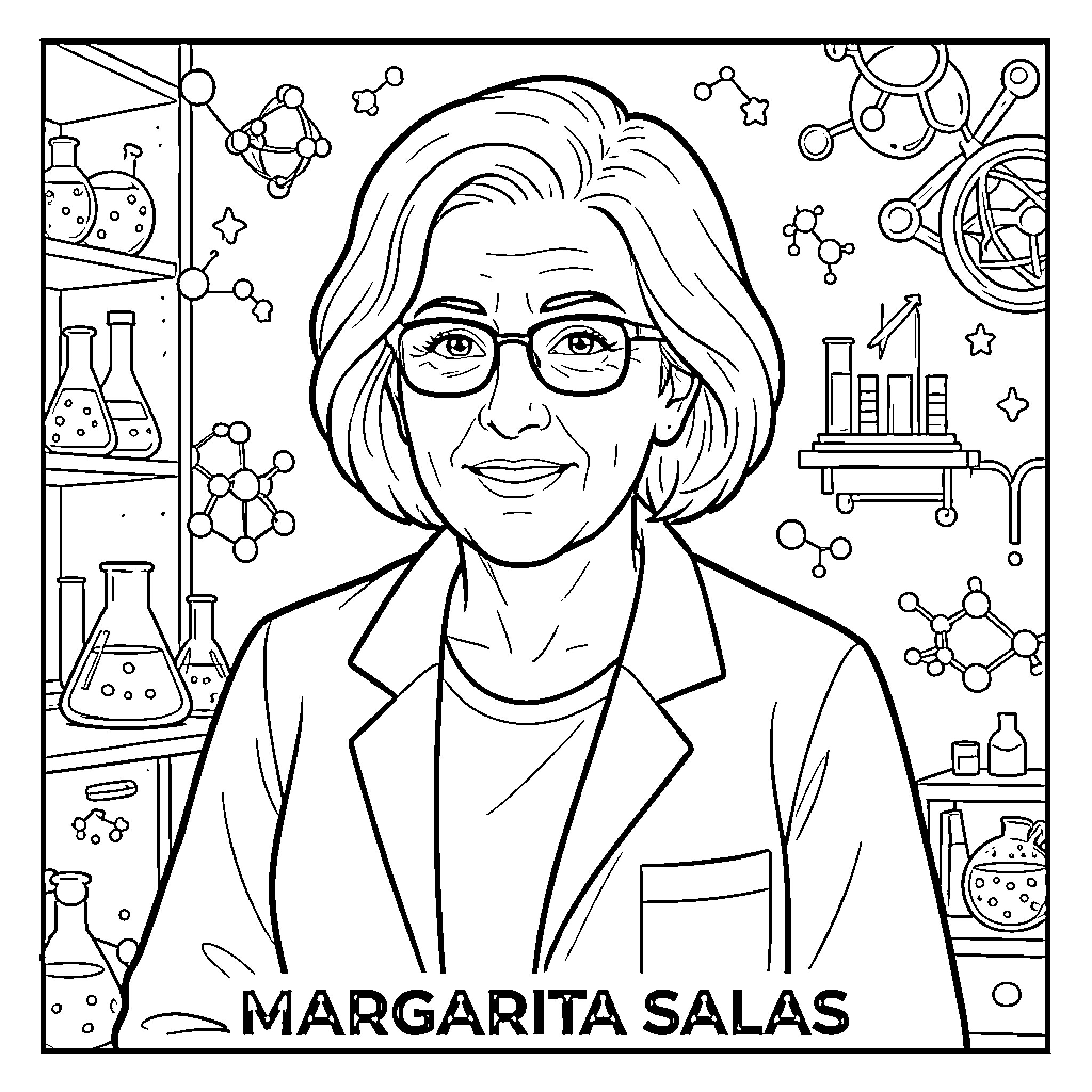 Margarita Salas, a scientist in the laboratory Coloring Page (free black-and-white line drawing printable PDF for all, from beginners to advanced learners, including children, teens, adults, and seniors)