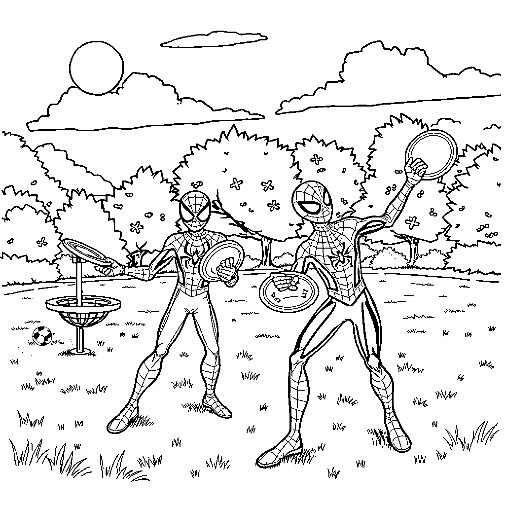 Spidey heroes battle in the enchanting outdoors Coloring Page (free black-and-white line drawing printable PDF for all, from beginners to advanced learners, including children, teens, adults, and seniors)